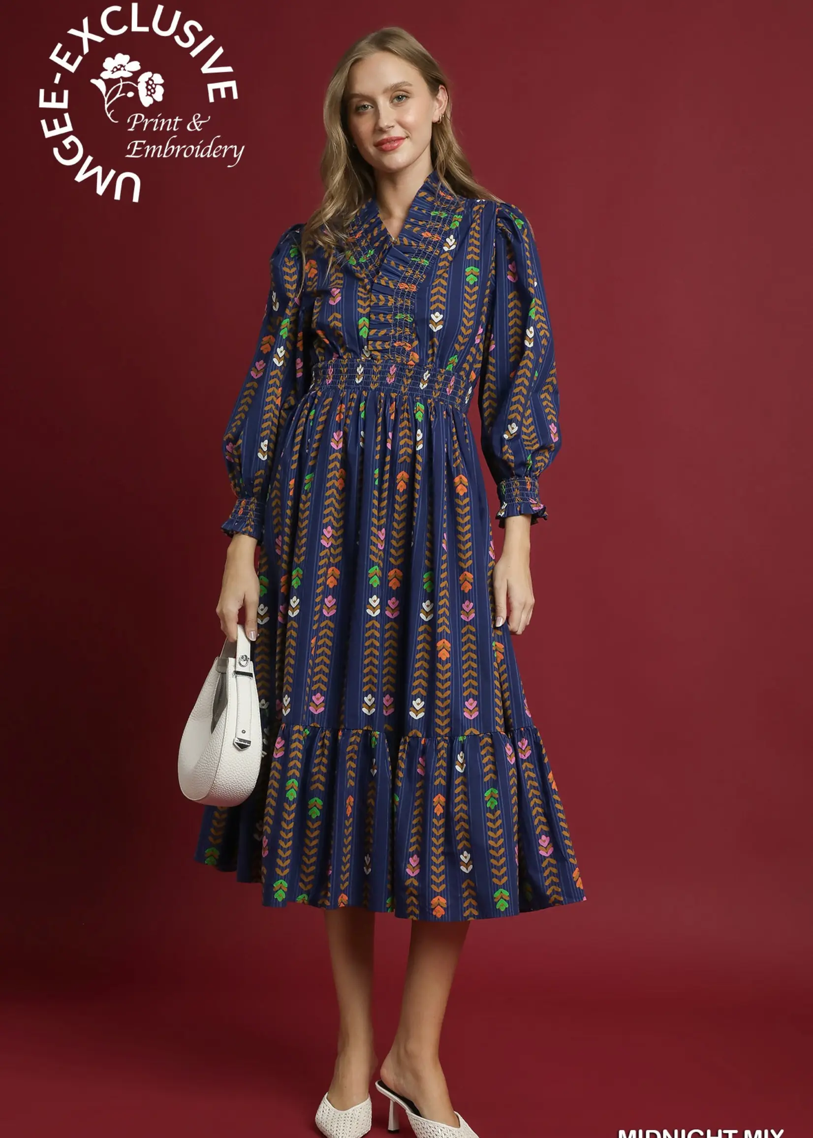 Umgee Striped Floral Print Puff Sleeve Ruffle Neck Dress