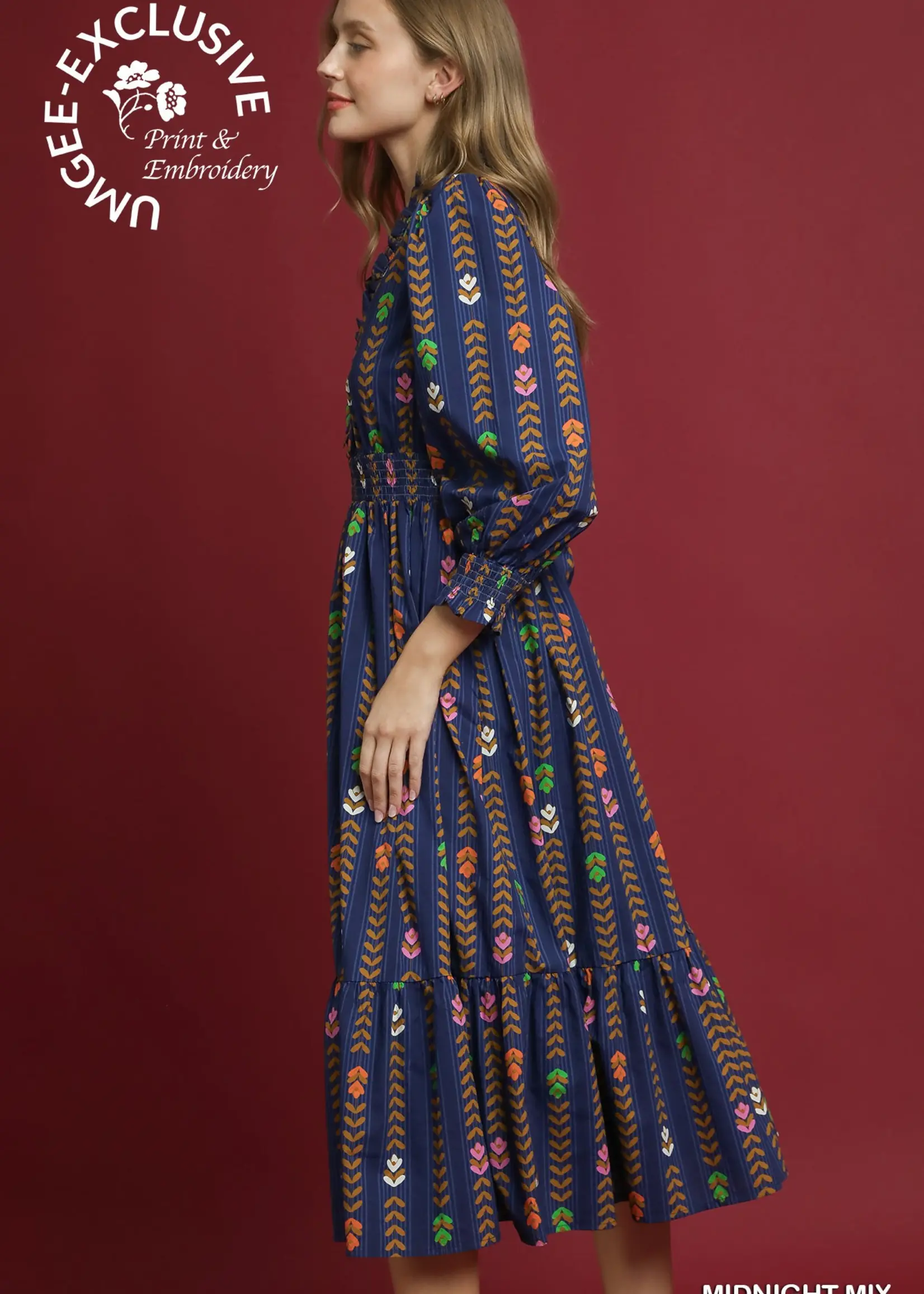 Umgee Striped Floral Print Puff Sleeve Ruffle Neck Dress