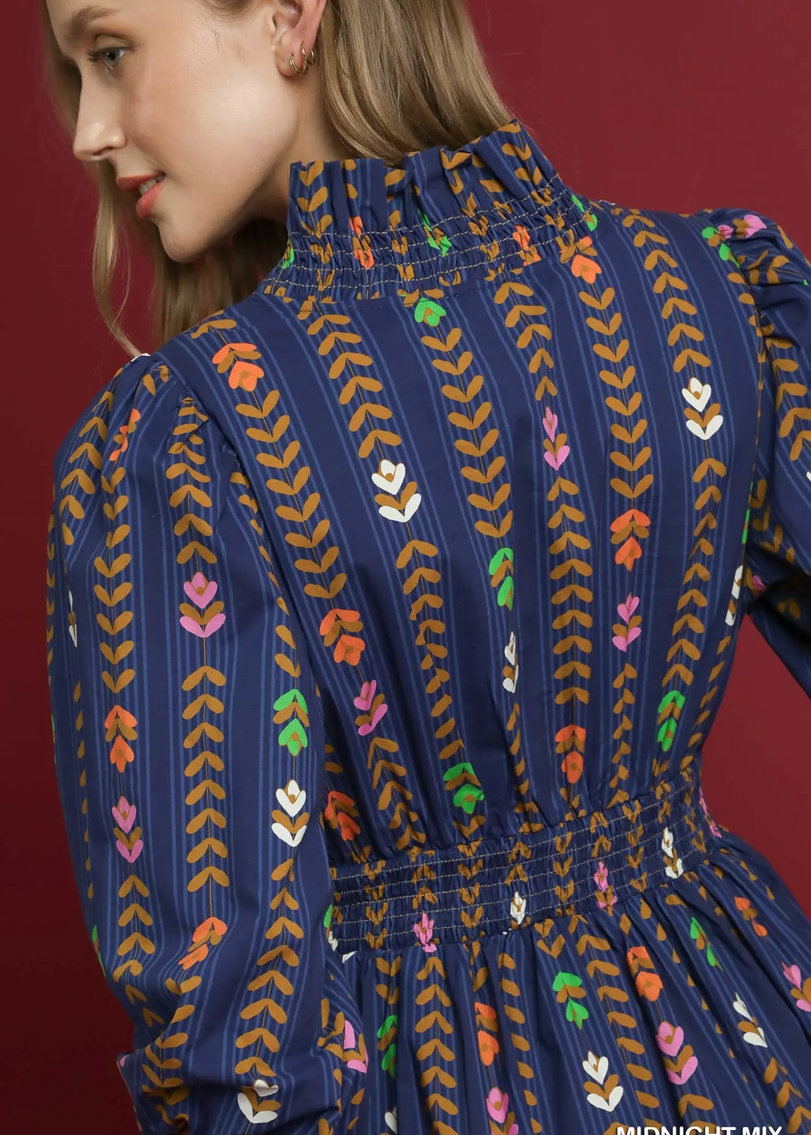 Umgee Striped Floral Print Puff Sleeve Ruffle Neck Dress