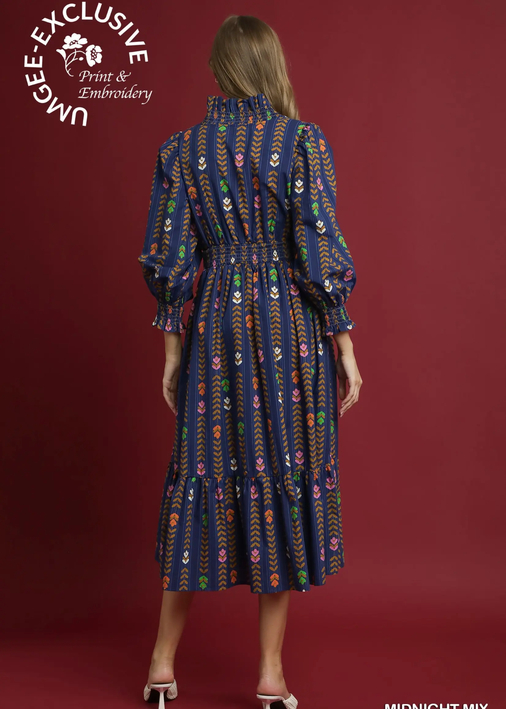 Umgee Striped Floral Print Puff Sleeve Ruffle Neck Dress