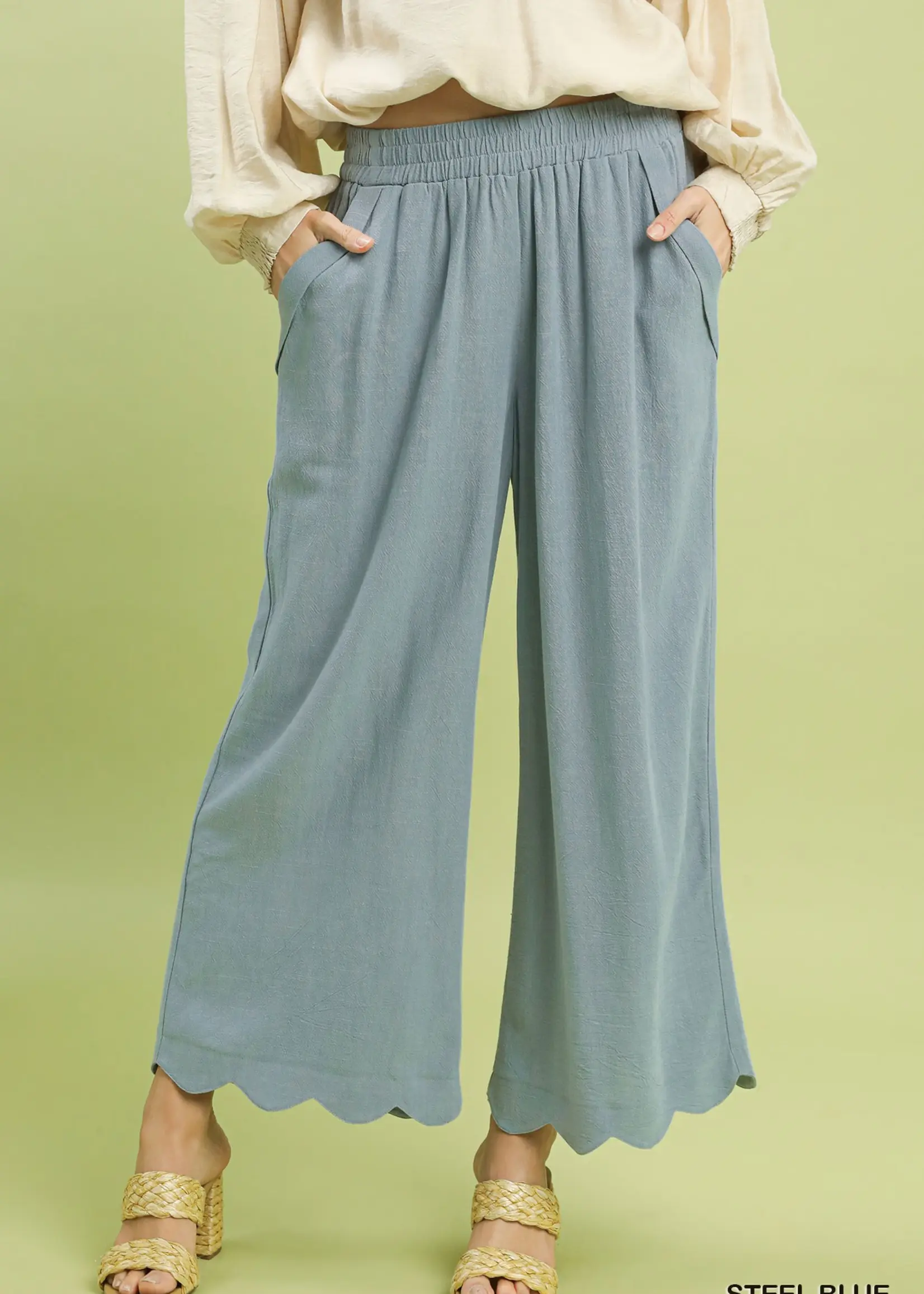 Umgee Linen Blend Scalloped Hem Pants