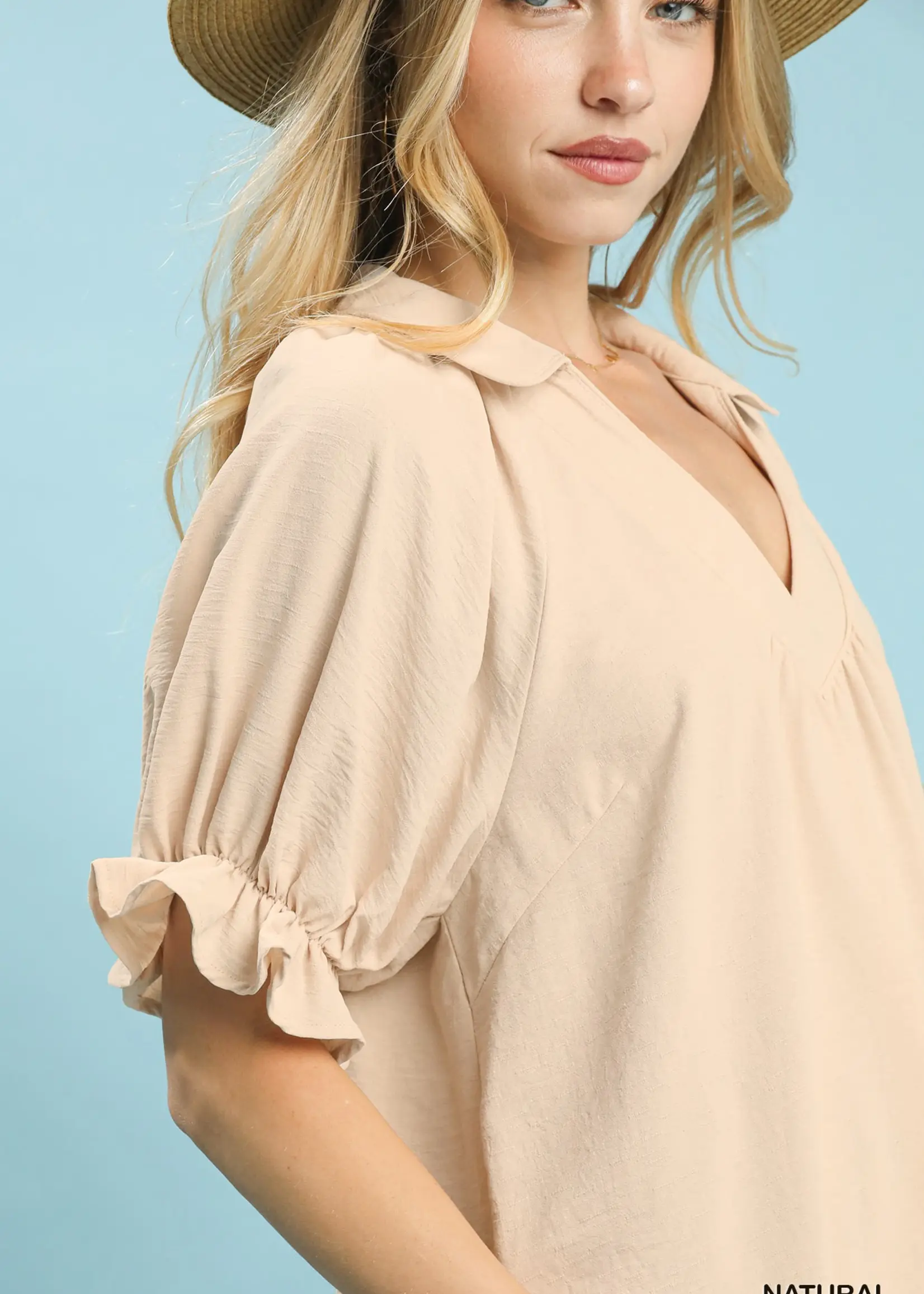 Umgee Solid Collared V Neck Top