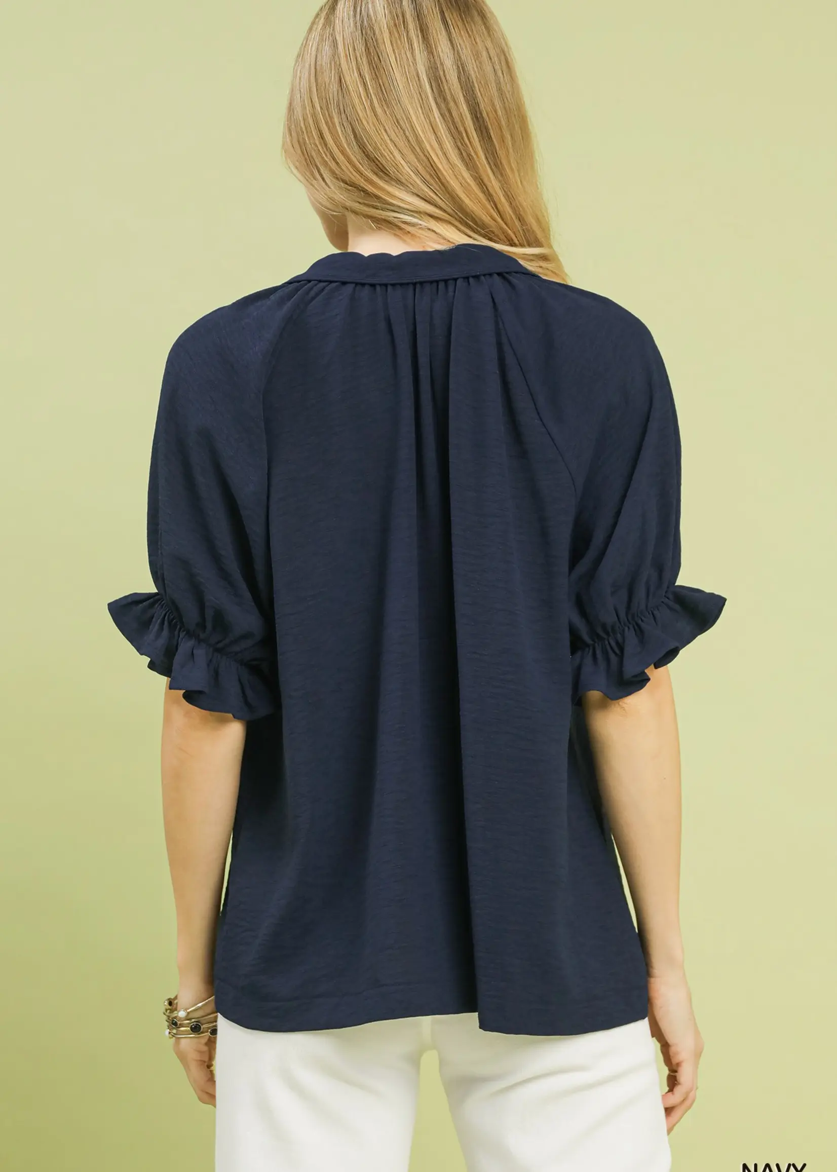 Umgee Solid Collared V Neck Top