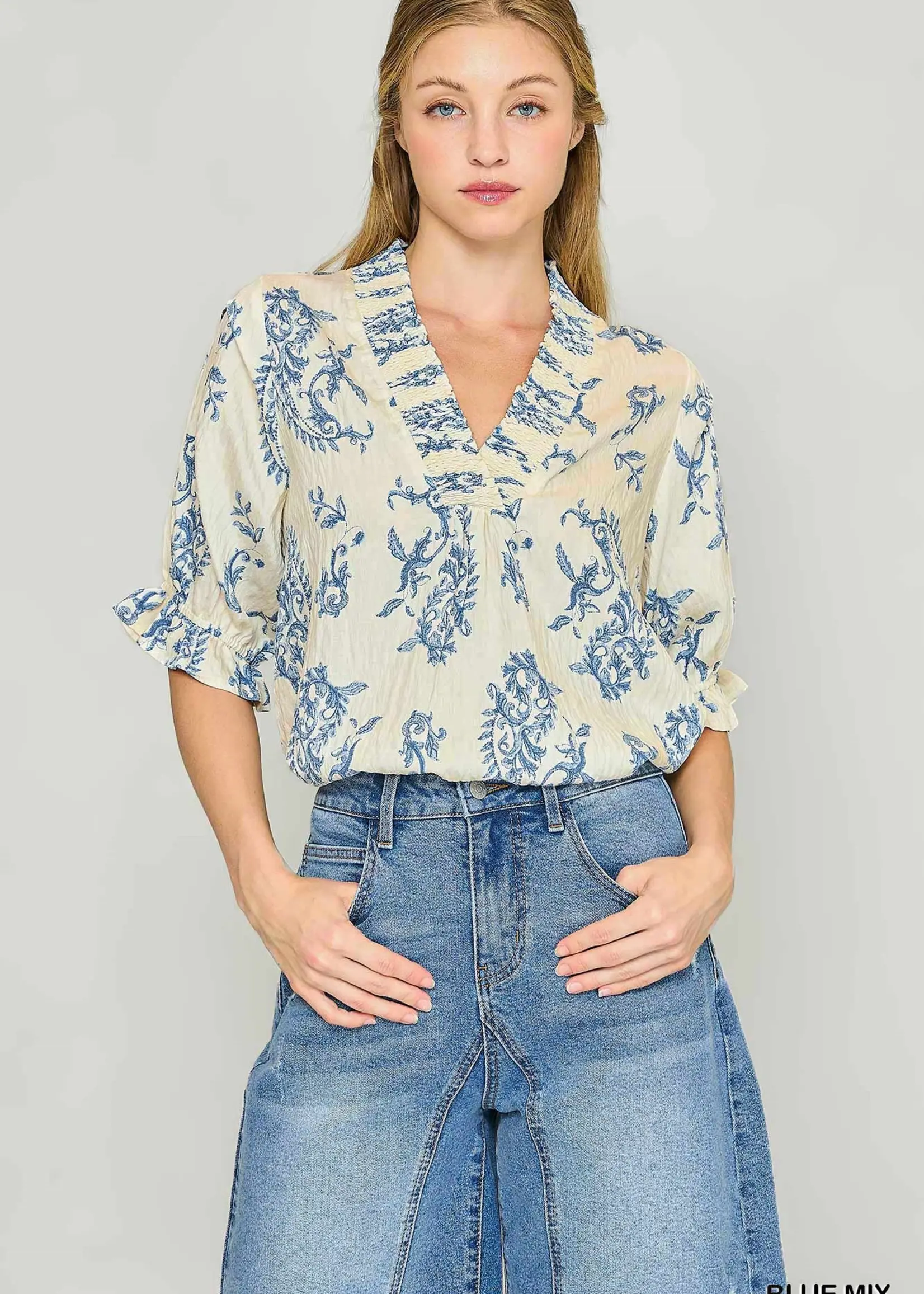 Umgee Two Tone Paisley V Neck Top