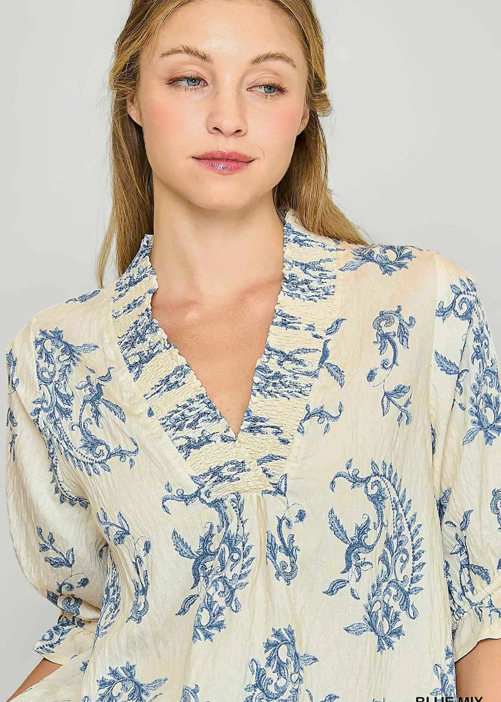 Umgee Two Tone Paisley V Neck Top