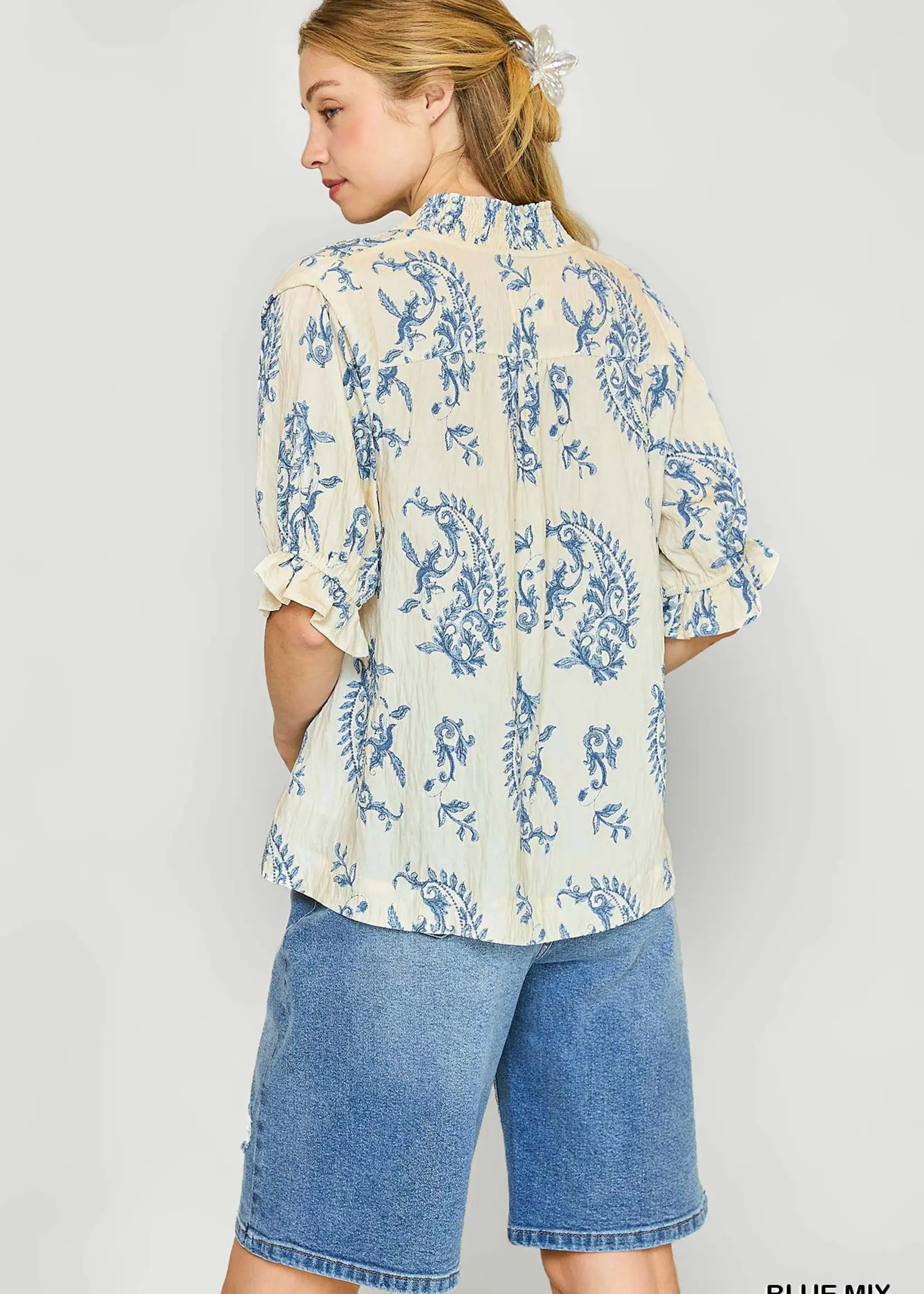 Umgee Two Tone Paisley V Neck Top