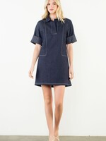 THML Short Sleeve Denim Collared V-Neck Dress