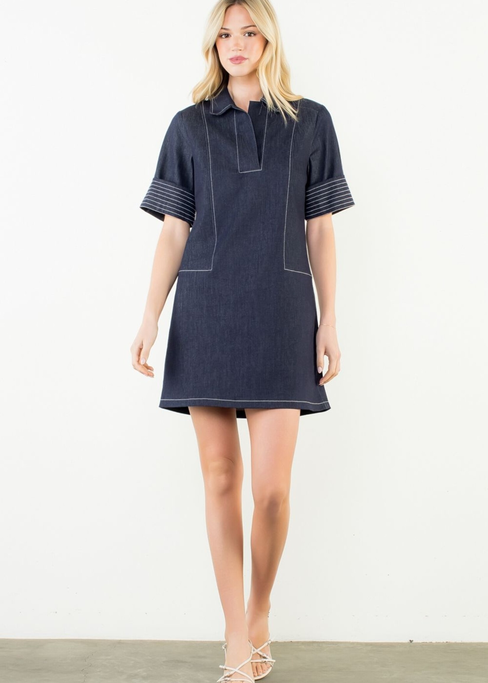 THML Short Sleeve Denim Collared V-Neck Dress