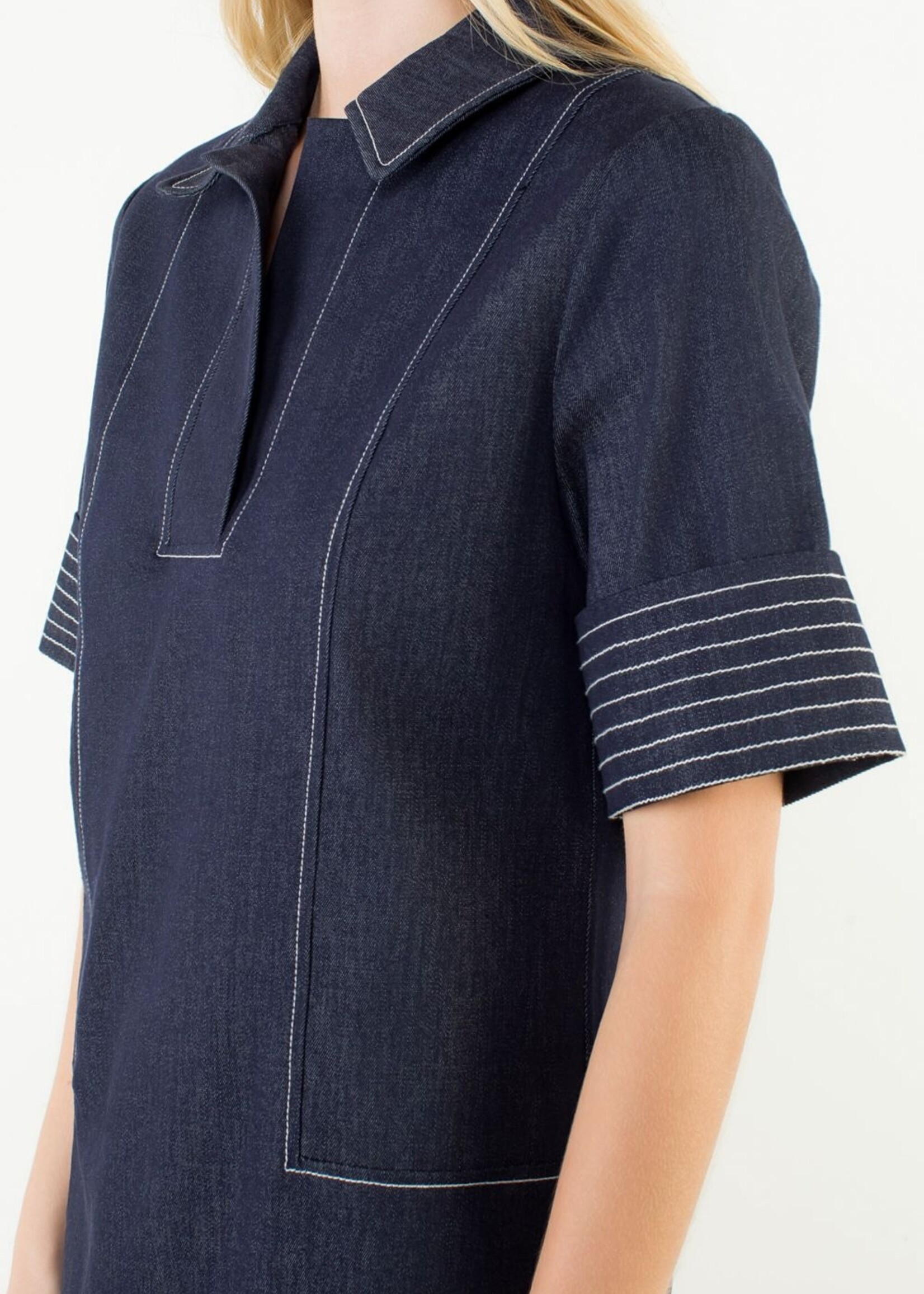 THML Short Sleeve Denim Collared V-Neck Dress