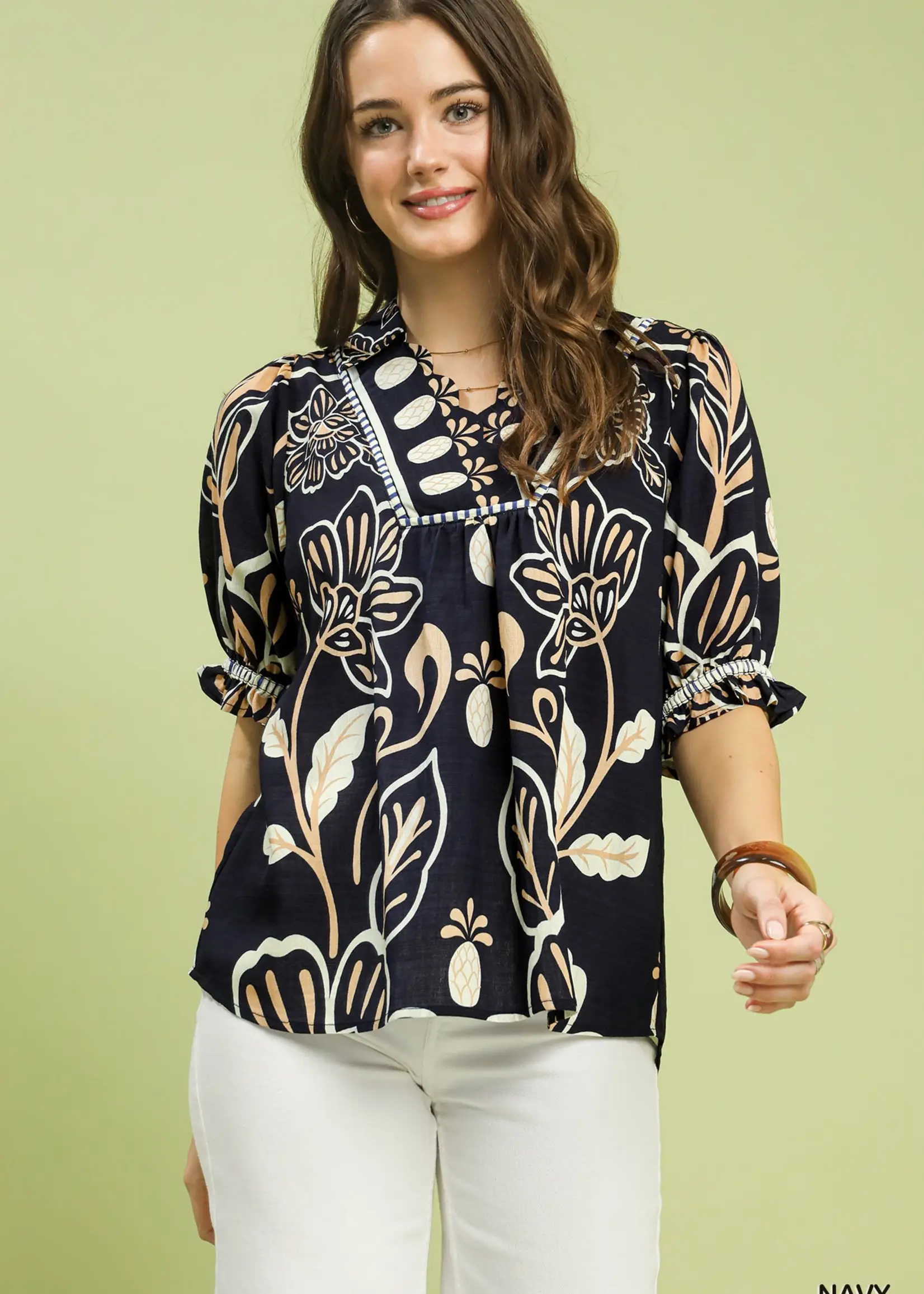 Umgee Collared Top Scalloped Yoke