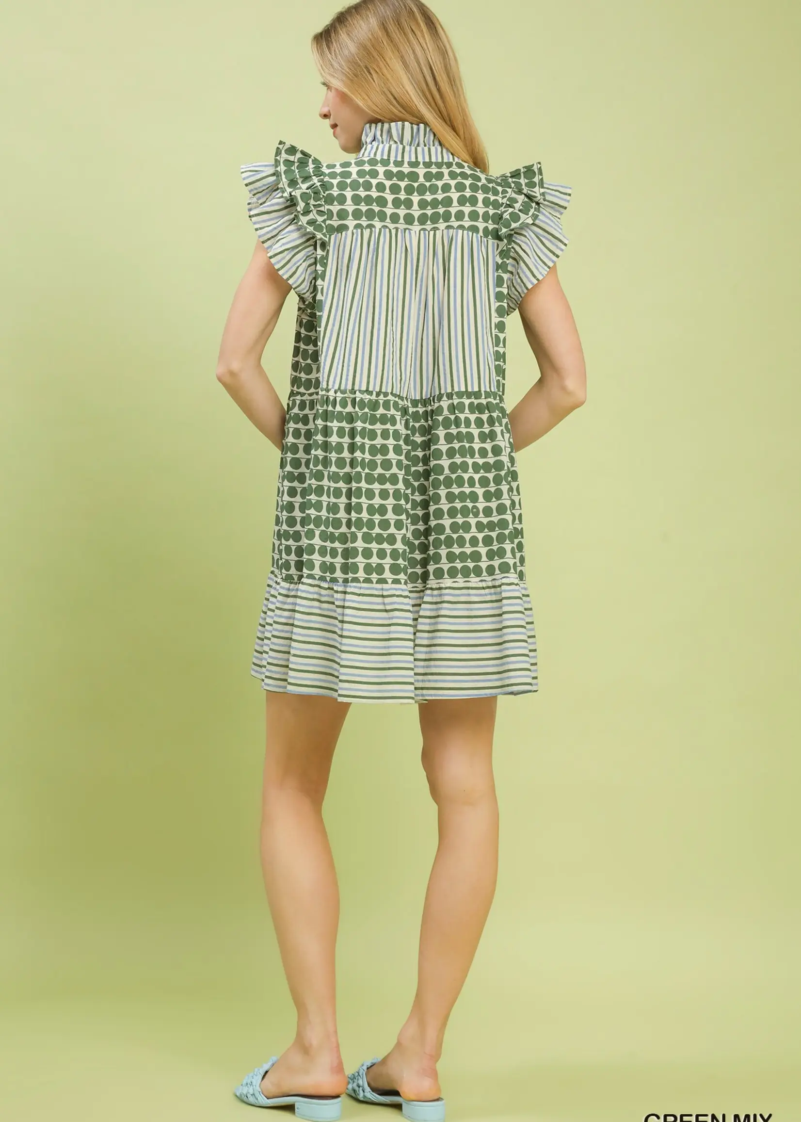 Umgee Frill Collared V neck green dress