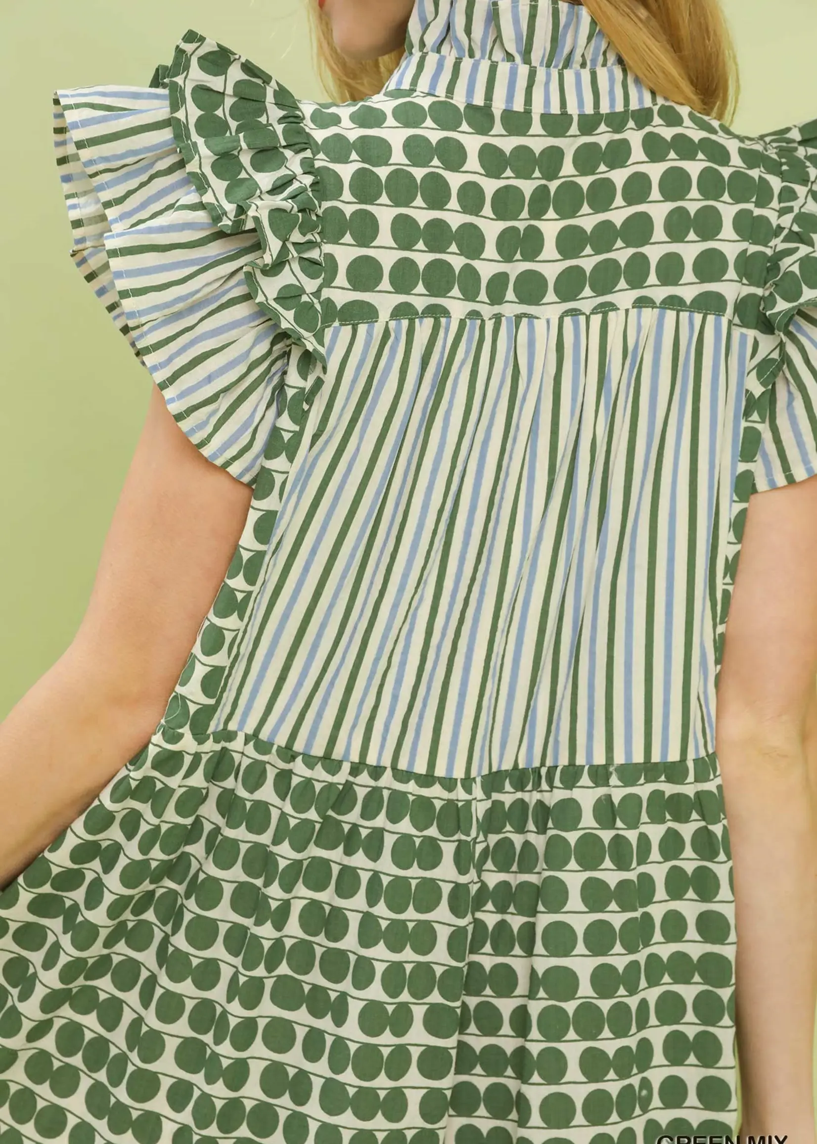 Umgee Frill Collared V neck green dress