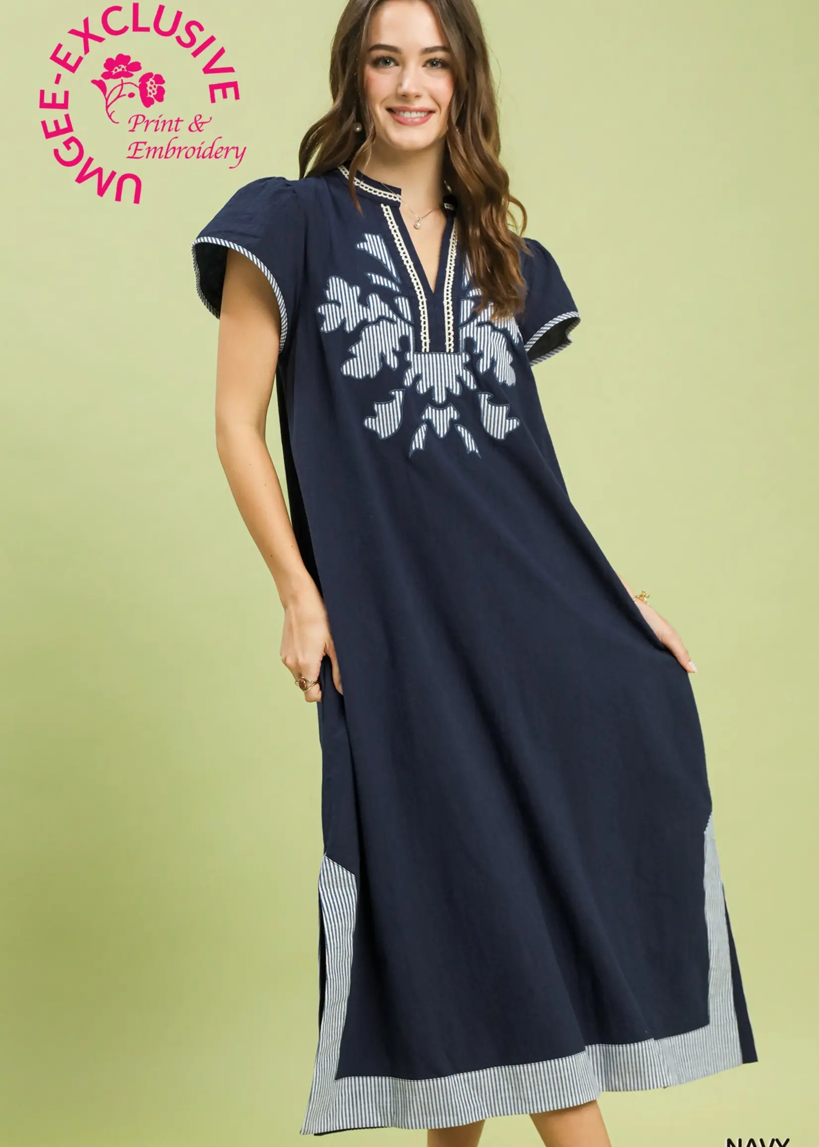 Umgee Navy Midi Applique Dress