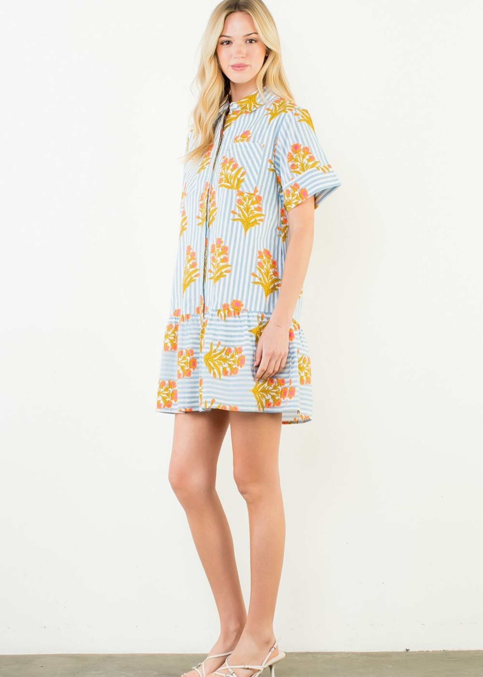 THML Short Sleeve Striped Floral Pattern Dress