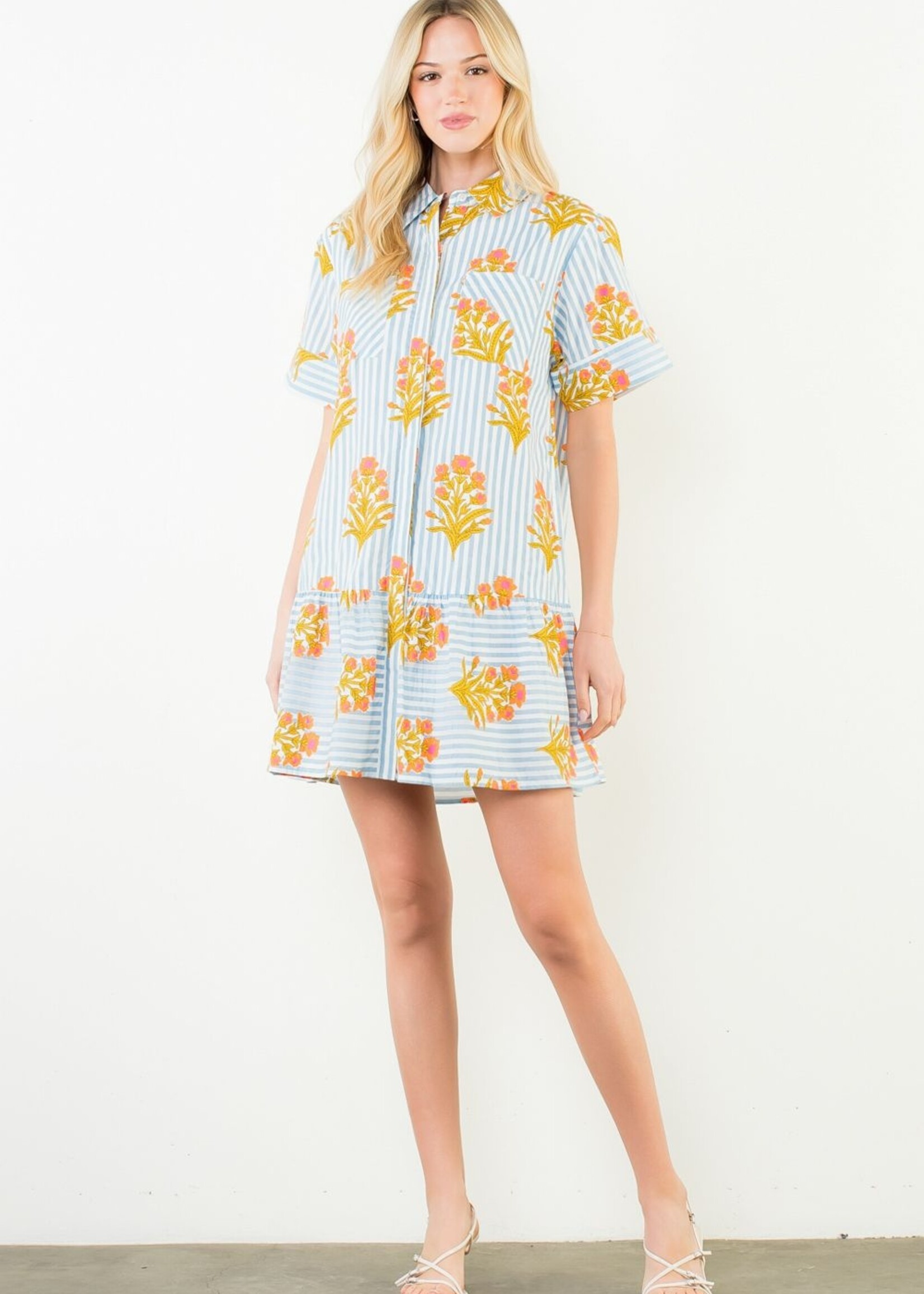 THML Short Sleeve Striped Floral Pattern Dress