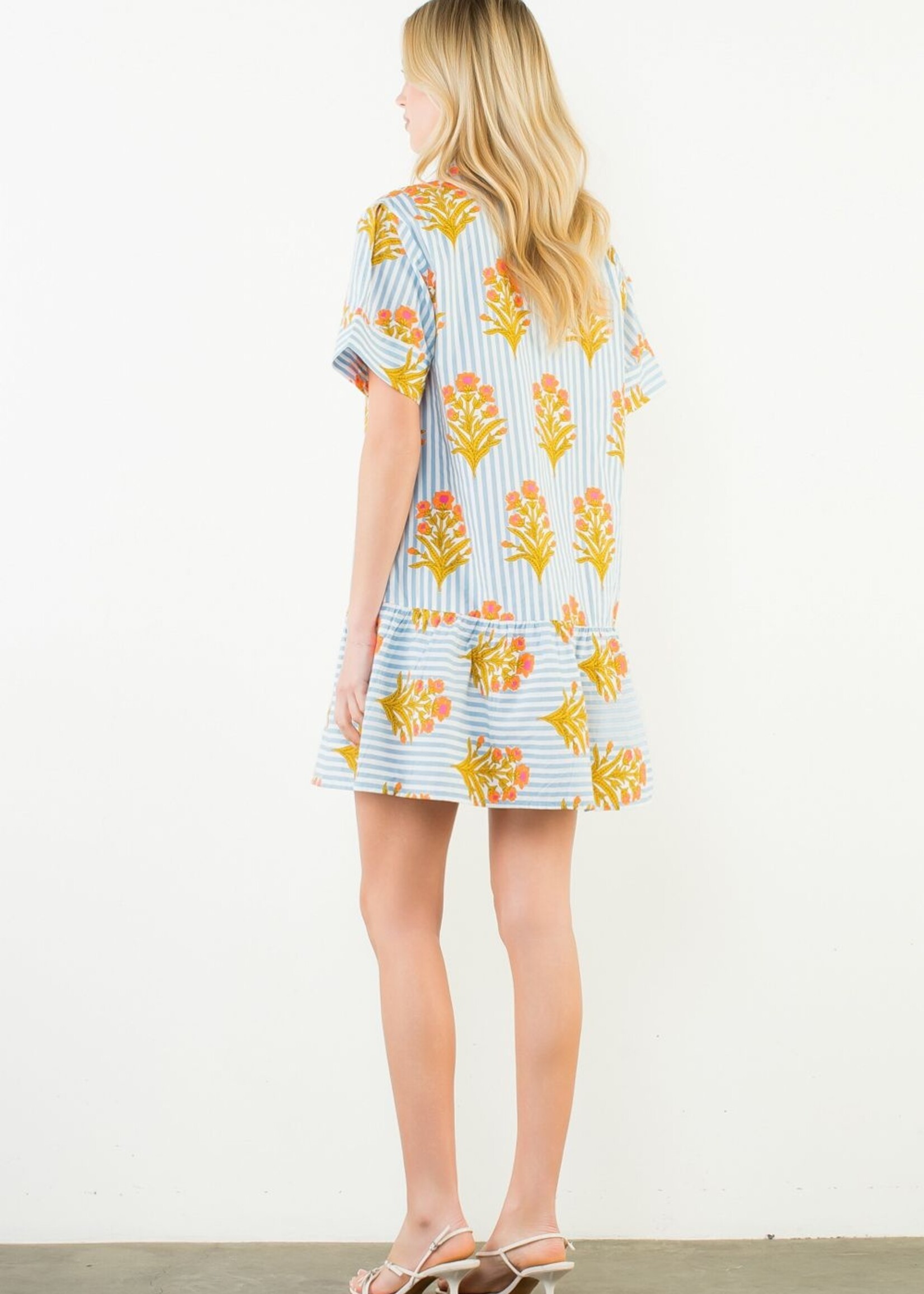 THML Short Sleeve Striped Floral Pattern Dress