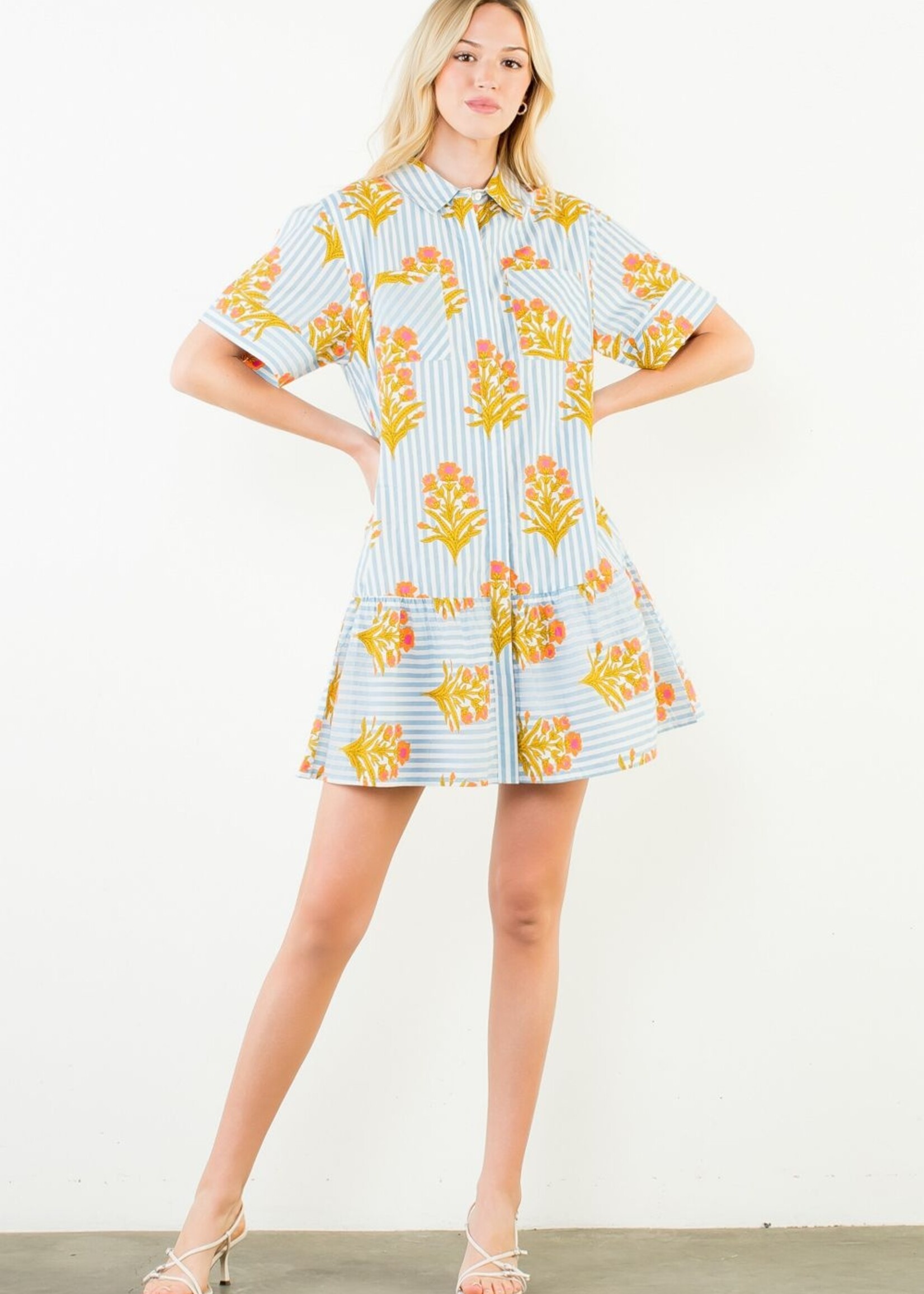 THML Short Sleeve Striped Floral Pattern Dress