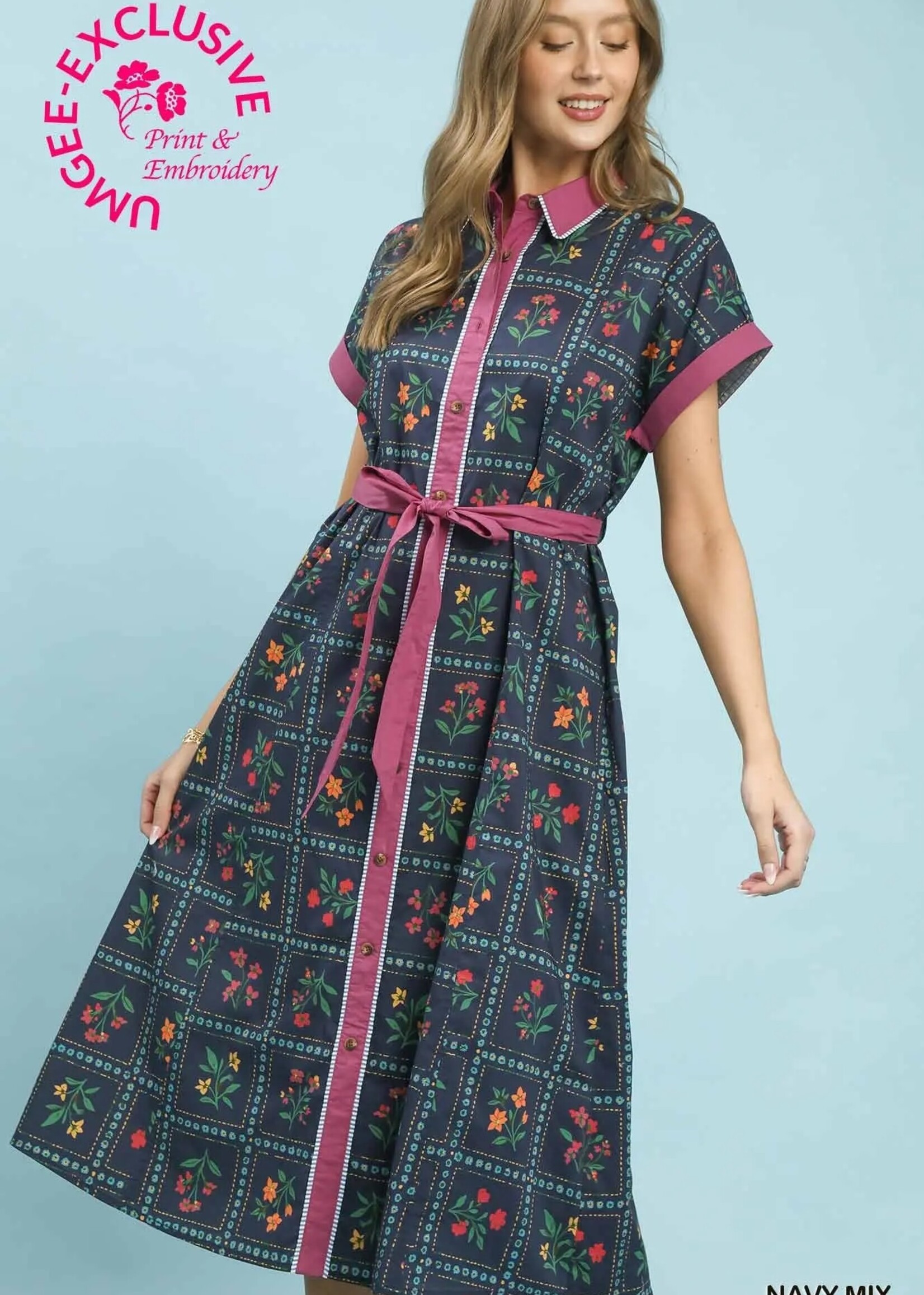 Umgee Dolman Sleeve Mixed Media Print Dress