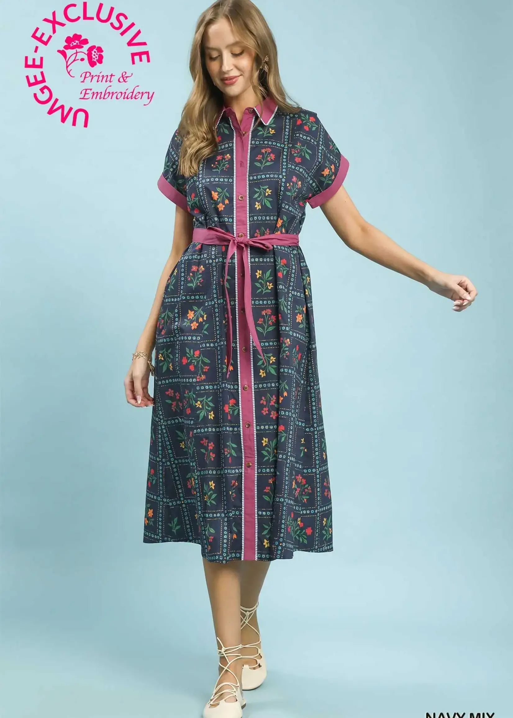 Umgee Dolman Sleeve Mixed Media Print Dress