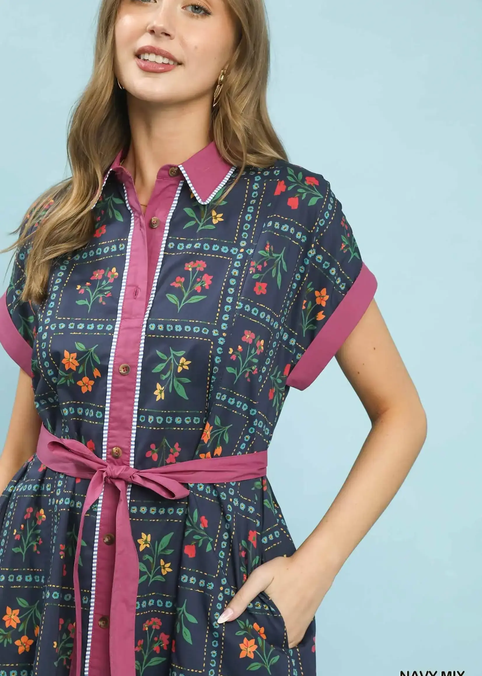 Umgee Dolman Sleeve Mixed Media Print Dress