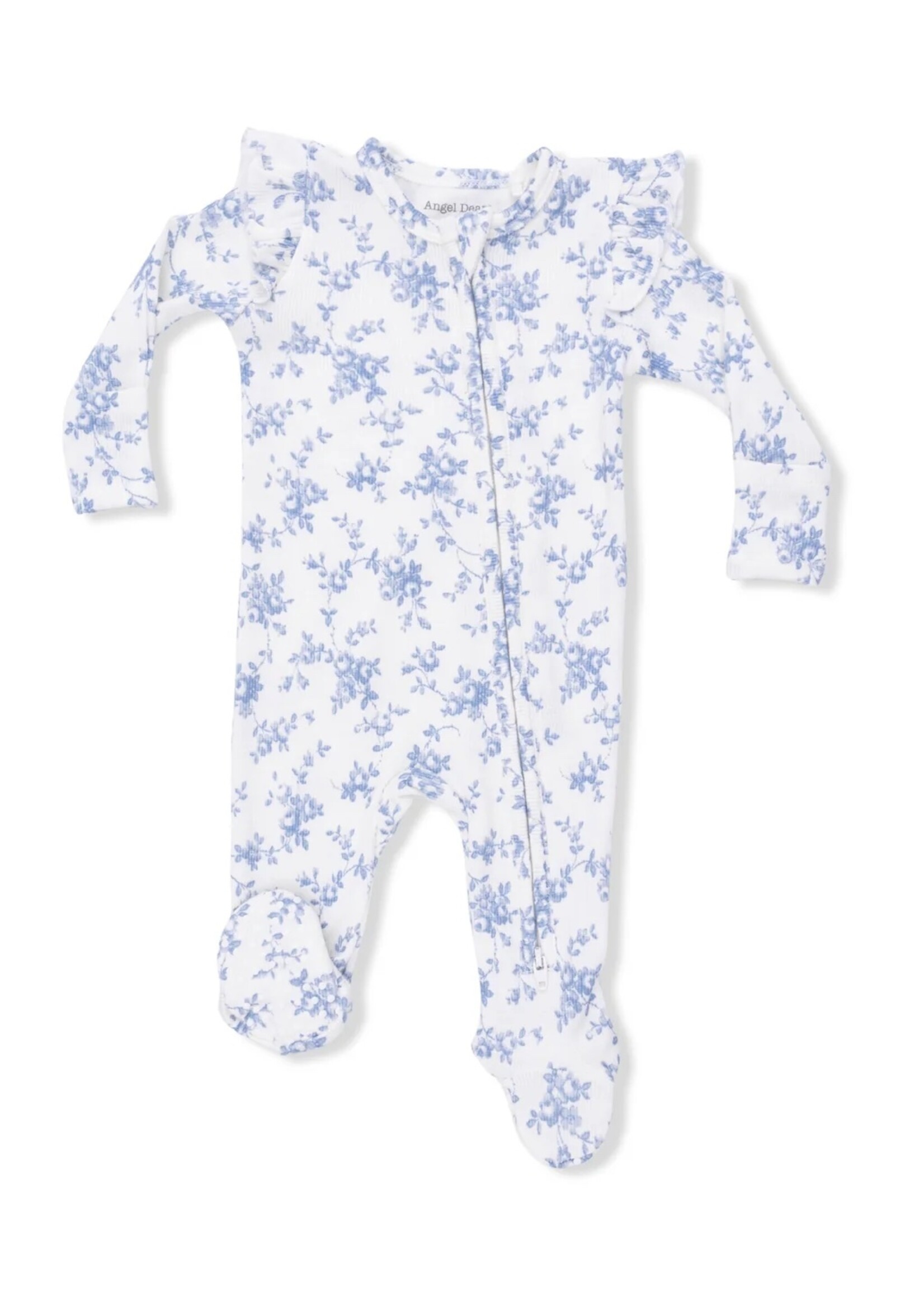 Angel Dear Baby Blue Vines Floral - 2 Way Ruffle Sleeve Zip Footie