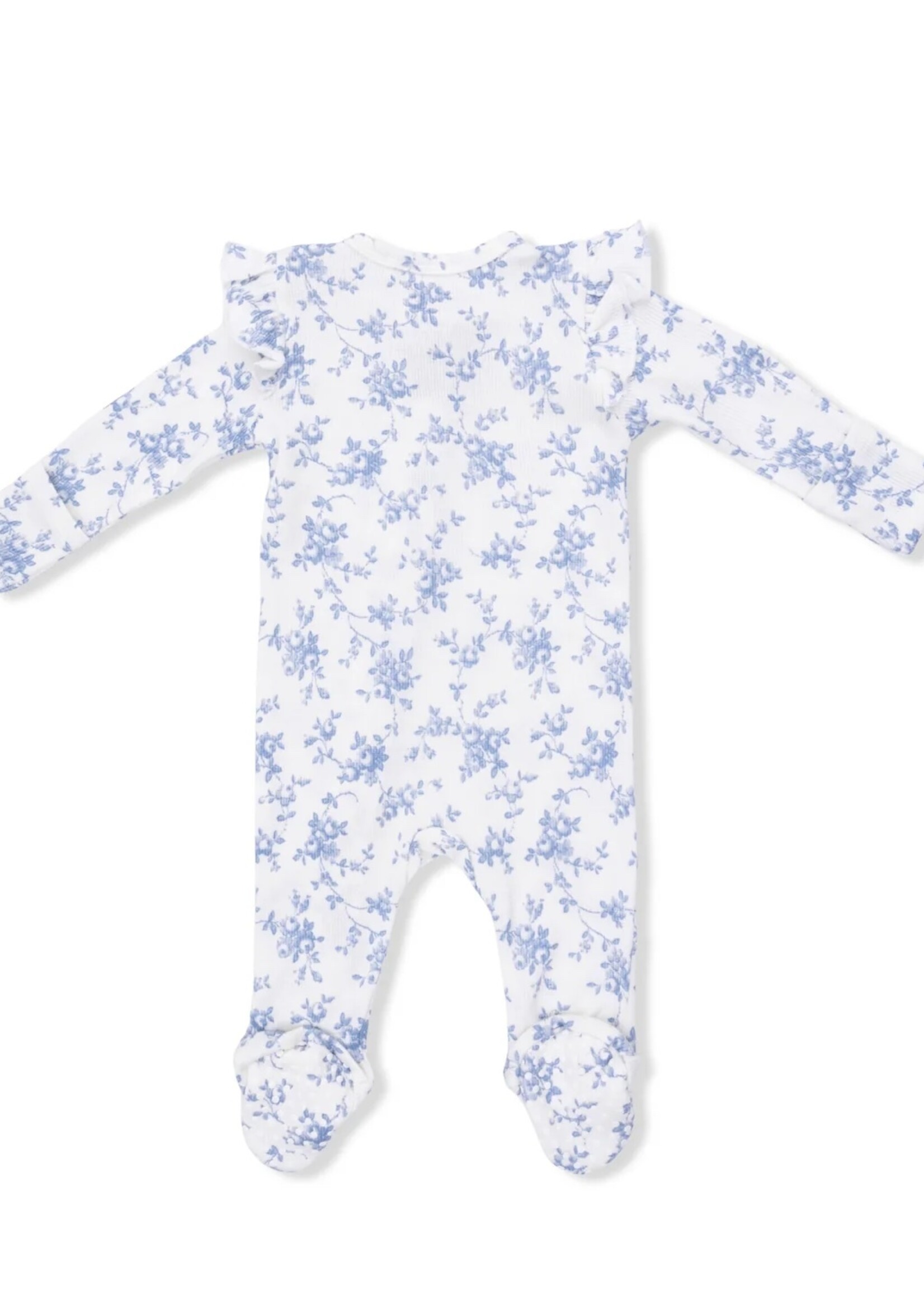 Angel Dear Baby Blue Vines Floral - 2 Way Ruffle Sleeve Zip Footie