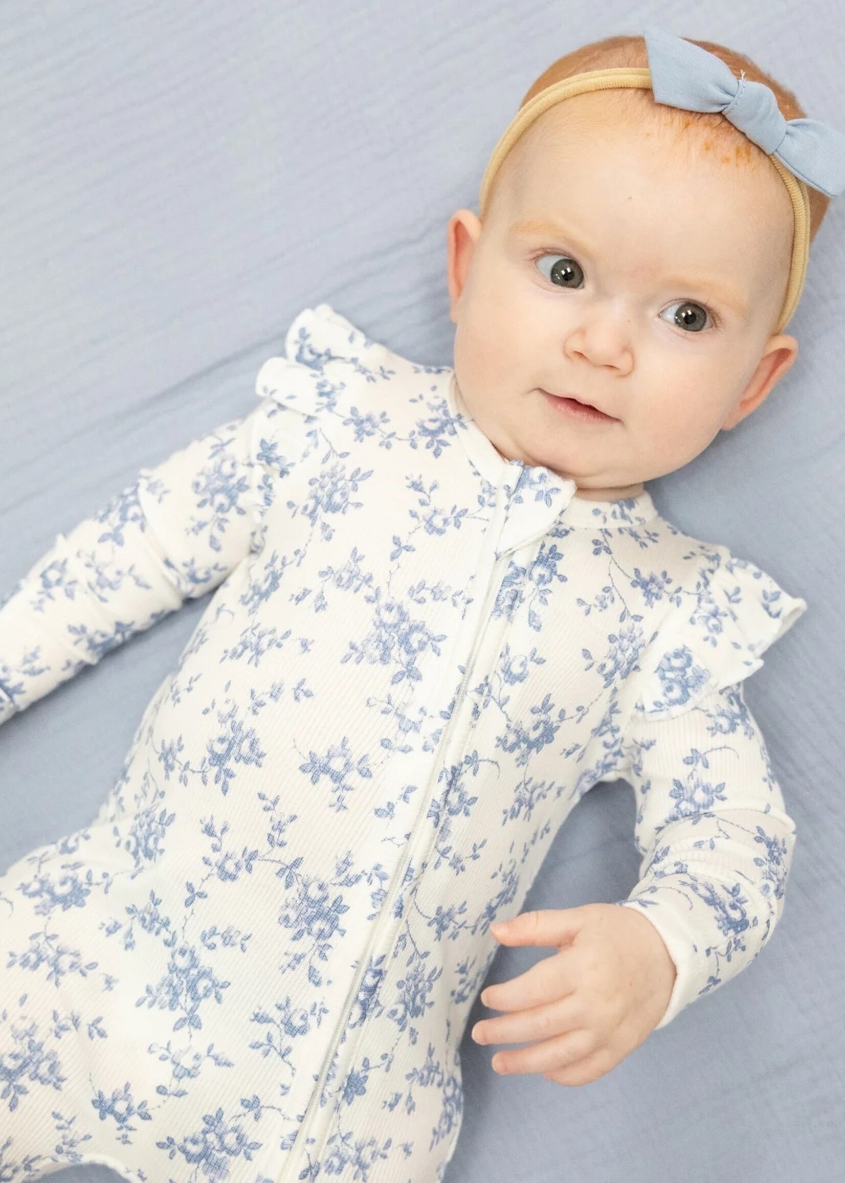Angel Dear Baby Blue Vines Floral - 2 Way Ruffle Sleeve Zip Footie