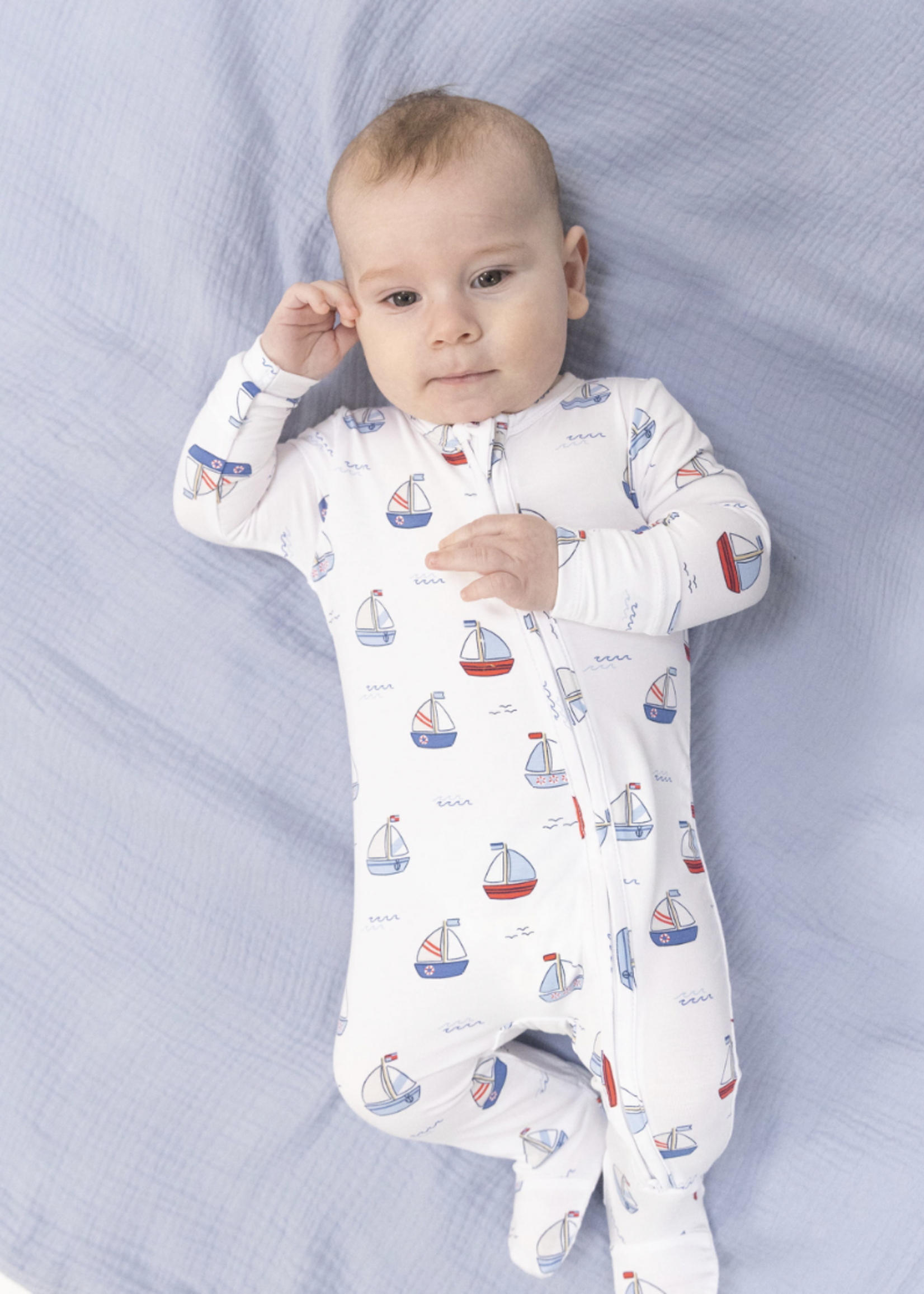 Angel Dear Bubbly Sailboats Blue - 2 Way Zipper Footie