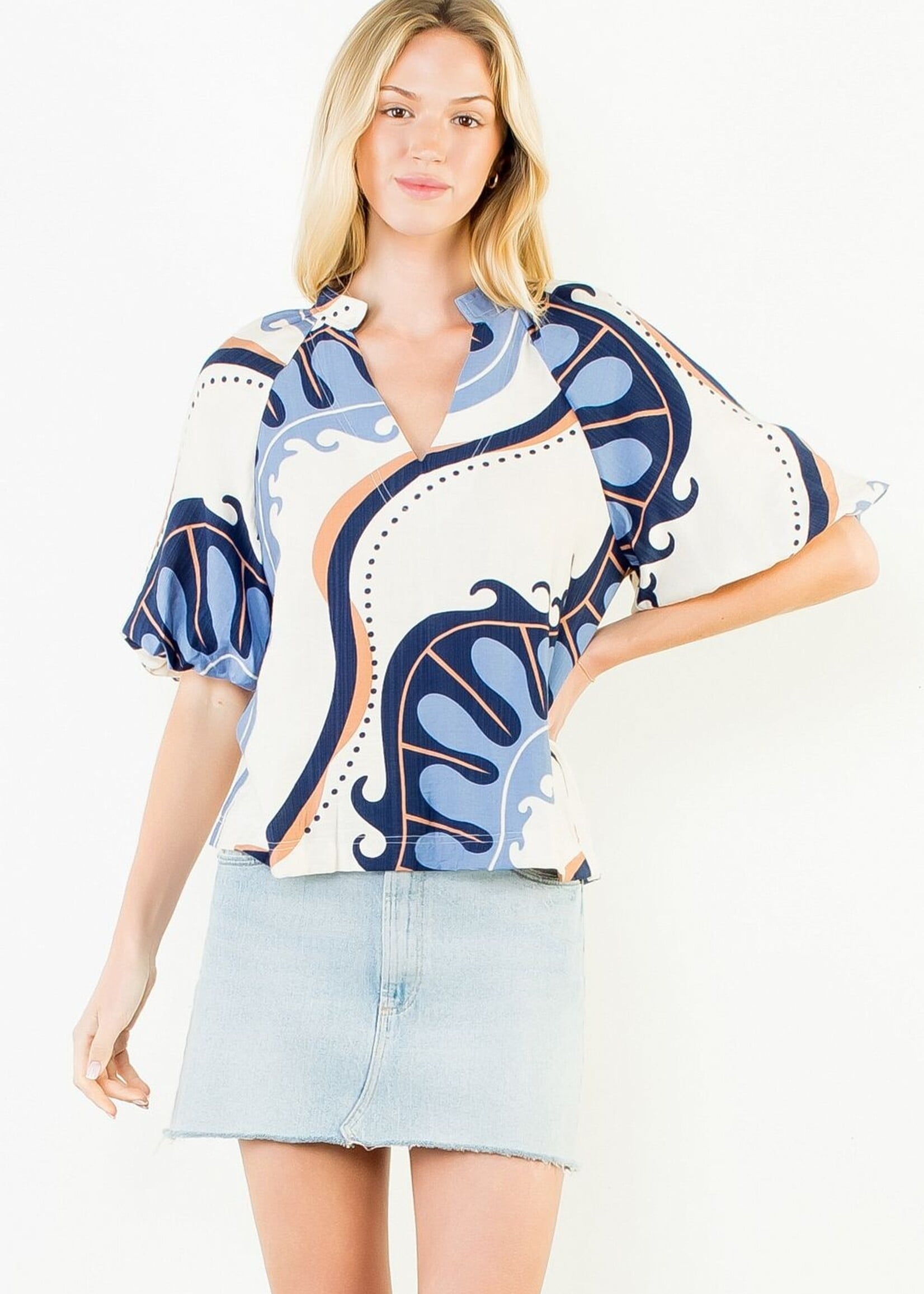 THML Abstract Print Top w/Puff Sleeves