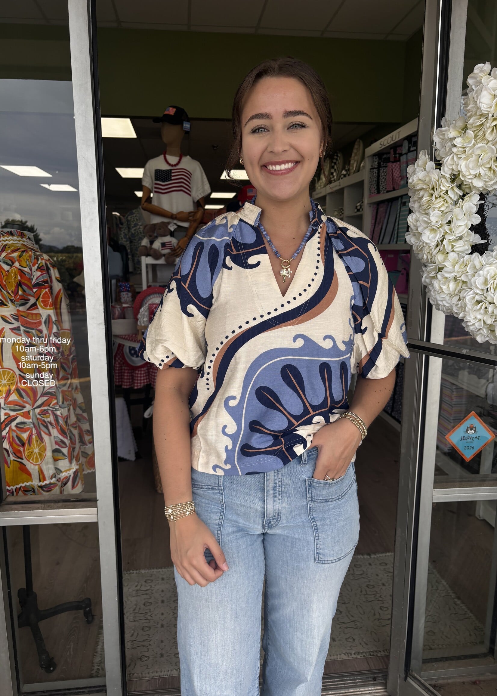 THML Abstract Print Top w/Puff Sleeves