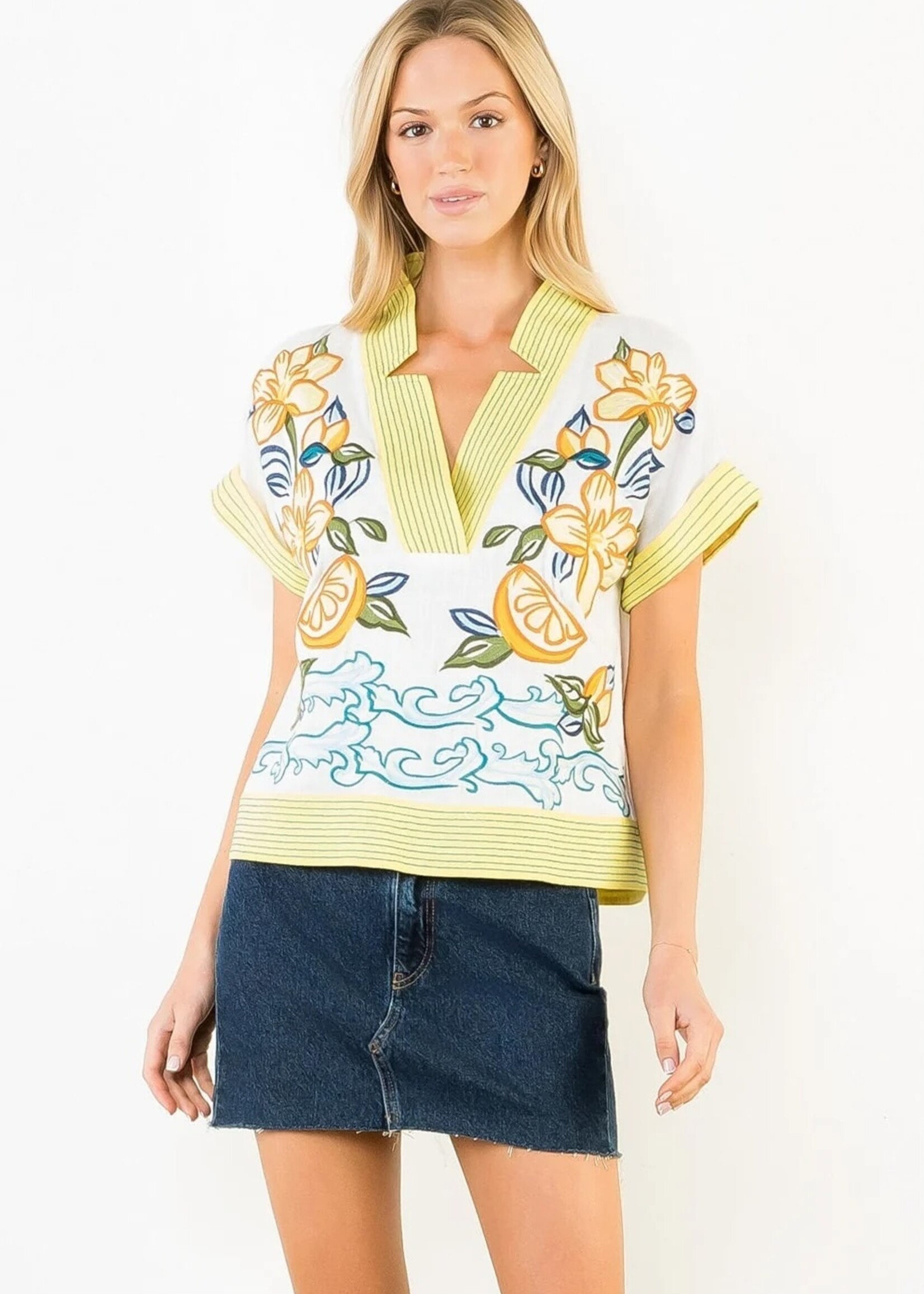 THML Lemon and Flowers Embroidered Top