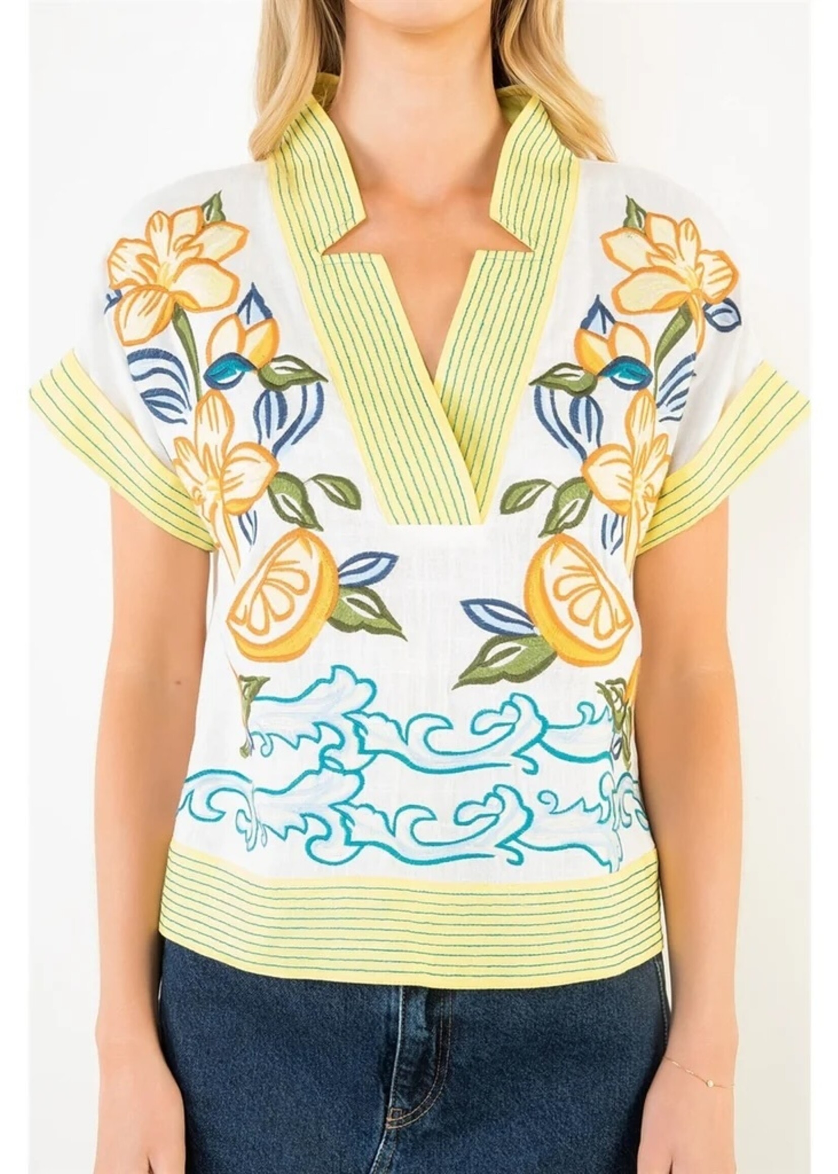THML Lemon and Flowers Embroidered Top