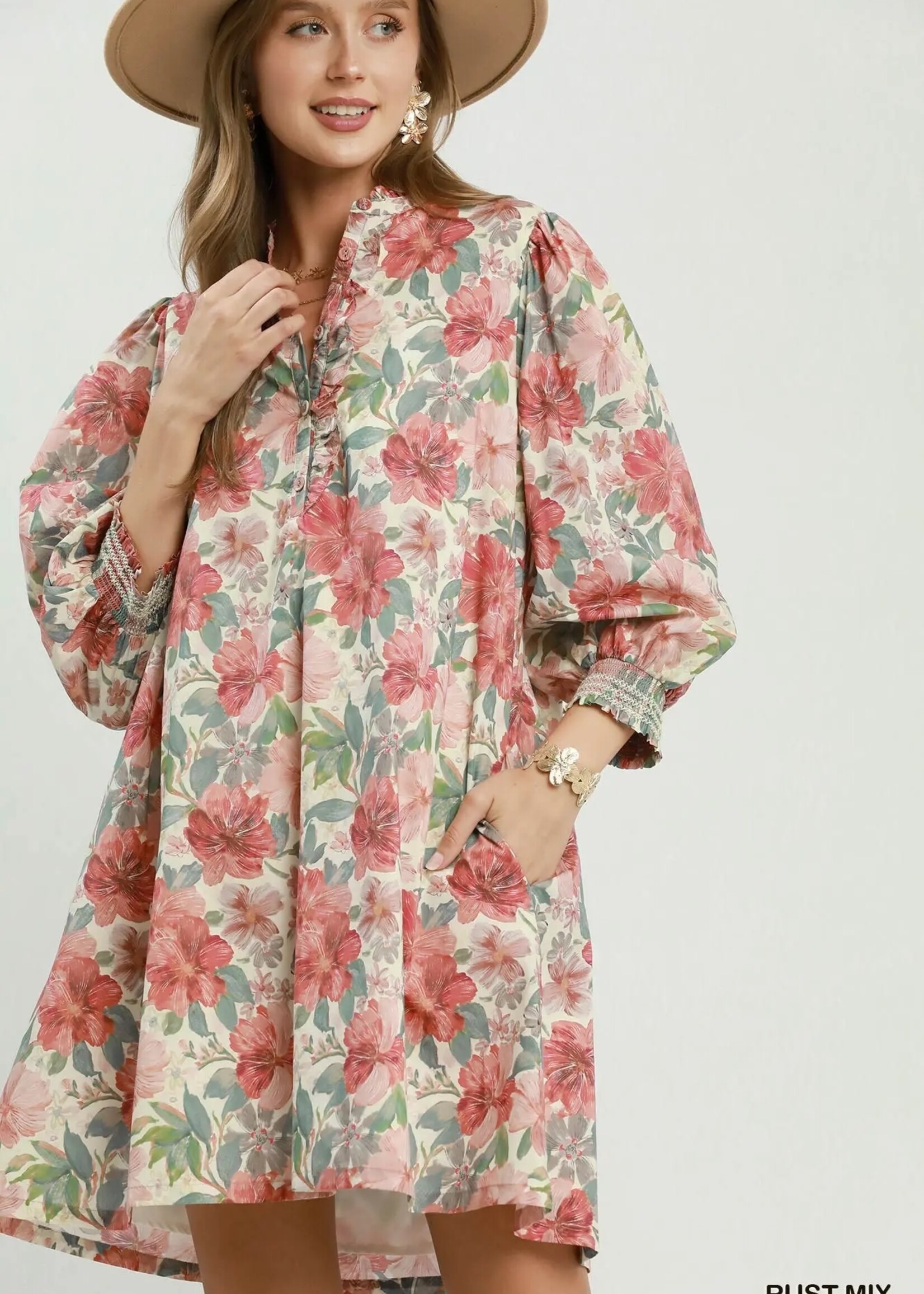 Umgee Umgee Floral Print Ruffled Half Button Down Mini Dress