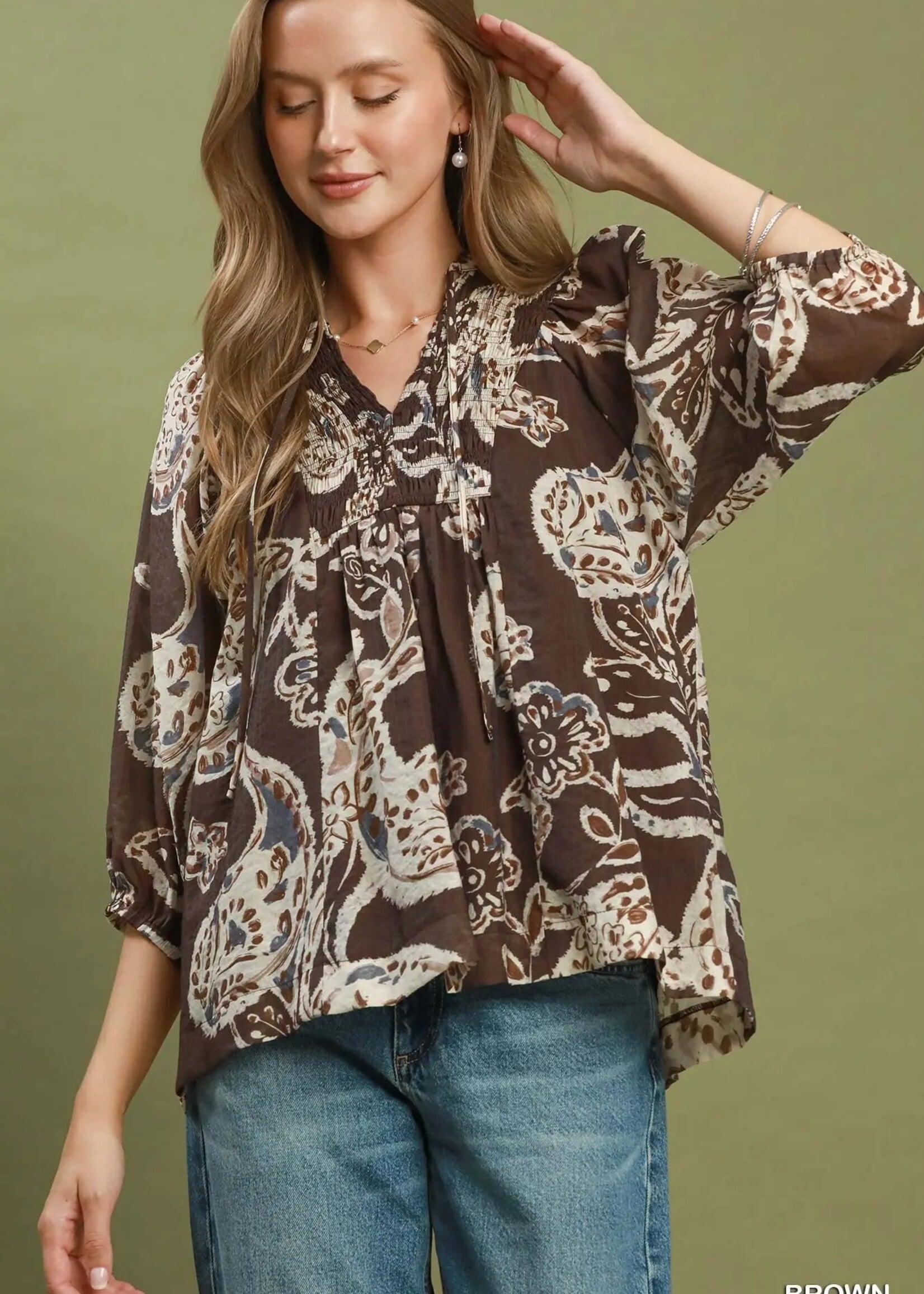 Umgee Umgee Abstract Print Top w/Smocking & Front Tie