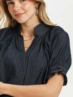 THML Umgee Flounce Sleeve V-neck Chambray Top