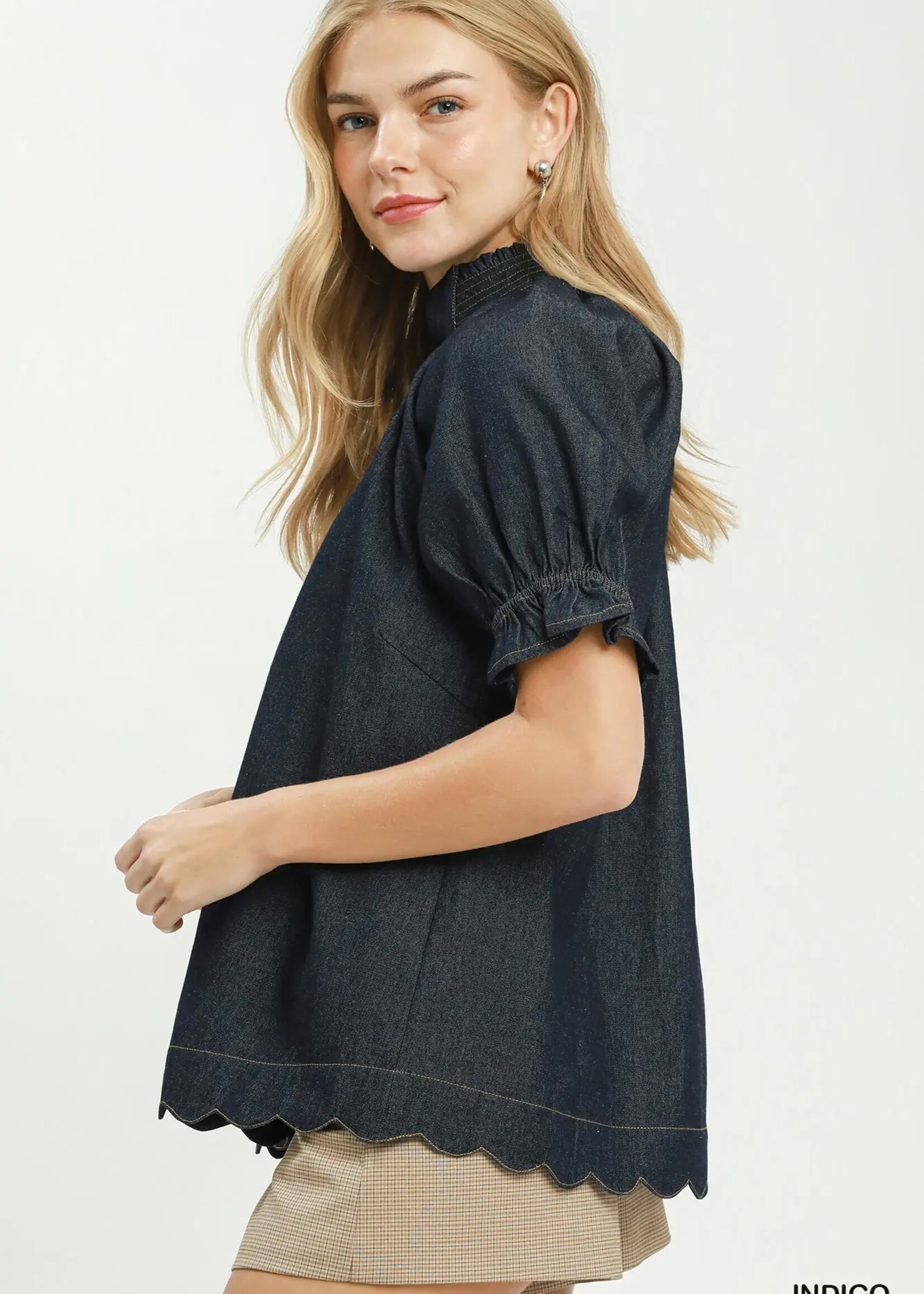 THML Umgee Flounce Sleeve V-neck Chambray Top