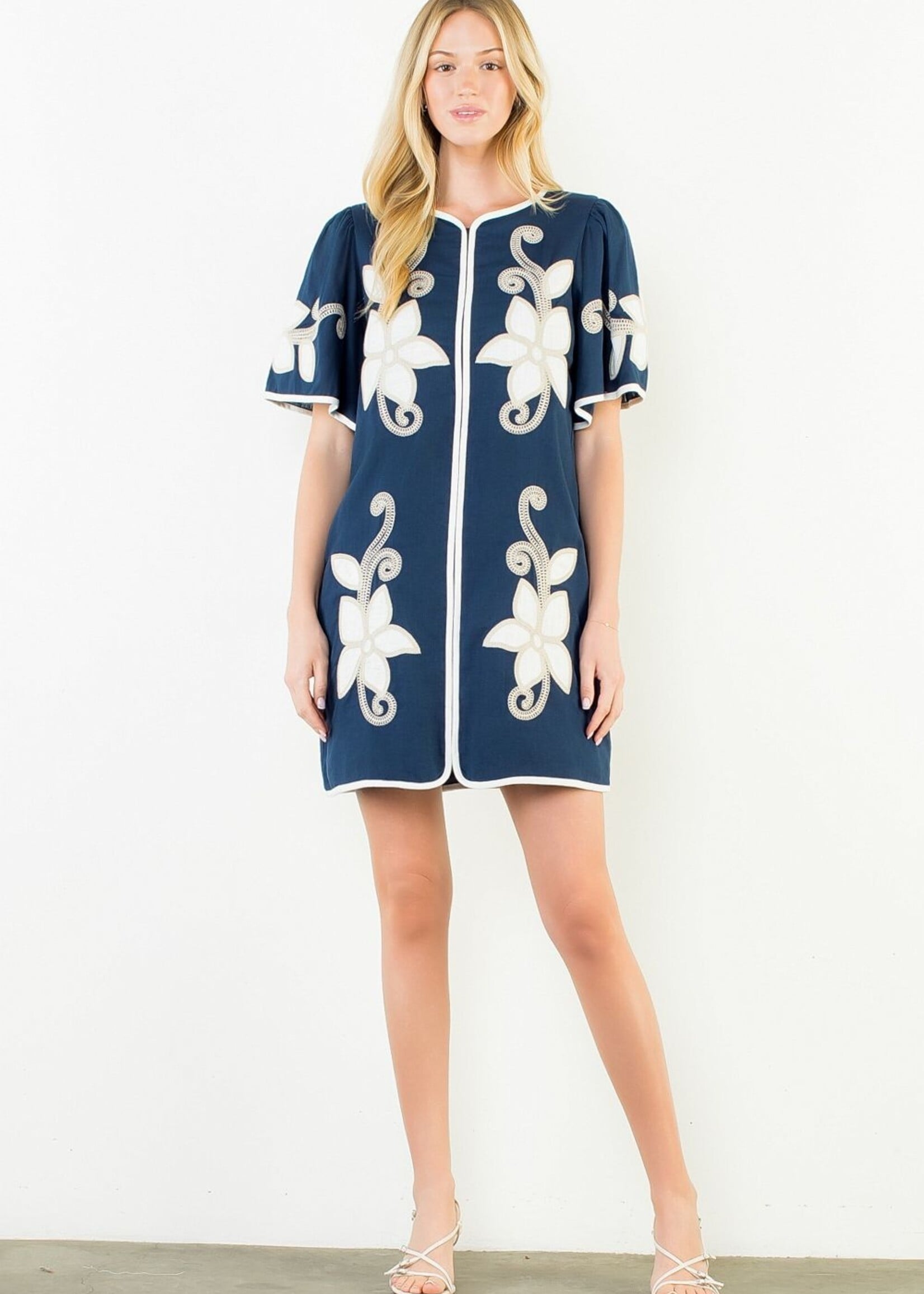 THML Short Sleeve Floral Embroidery Detail Dress
