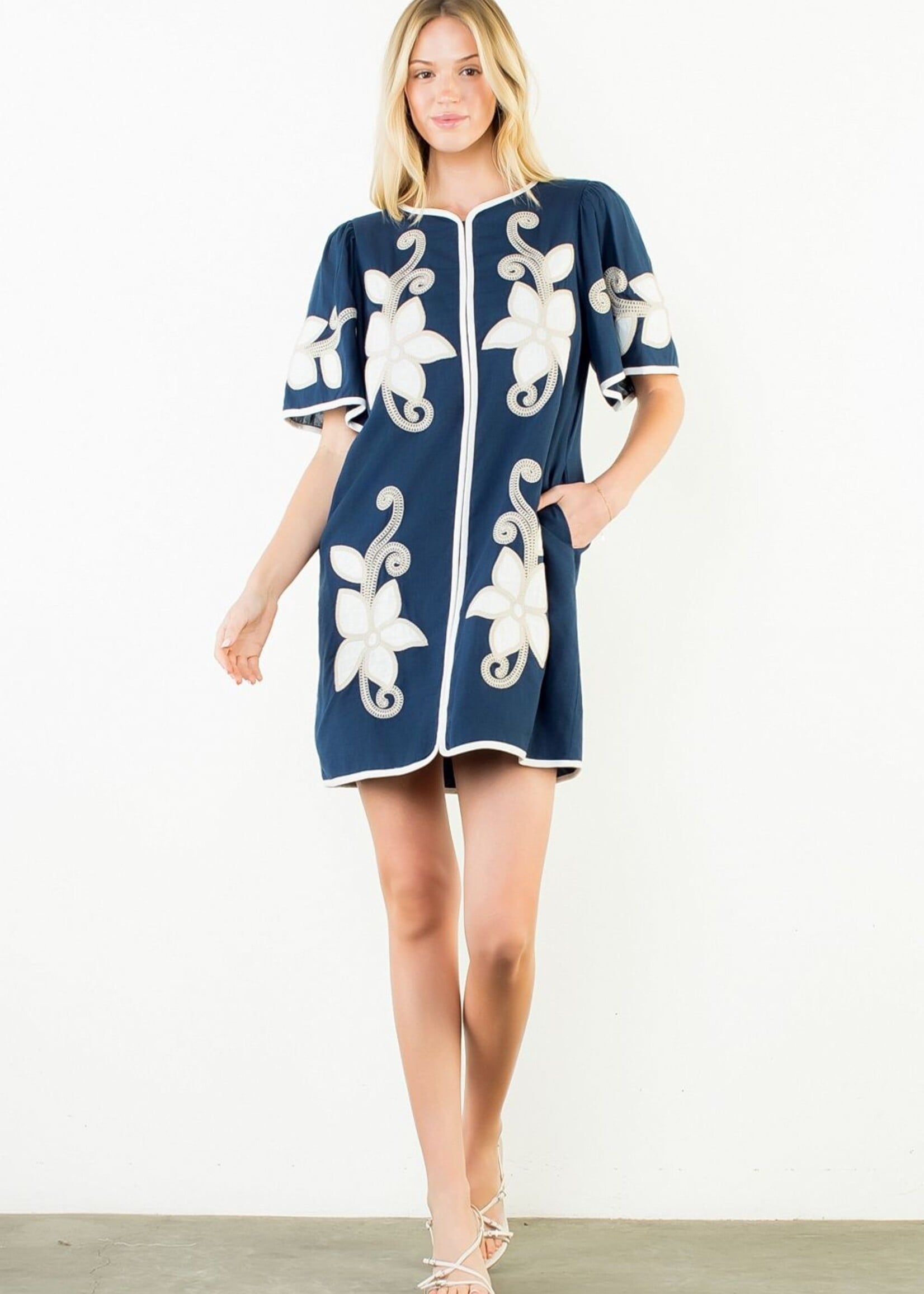 THML Short Sleeve Floral Embroidery Detail Dress