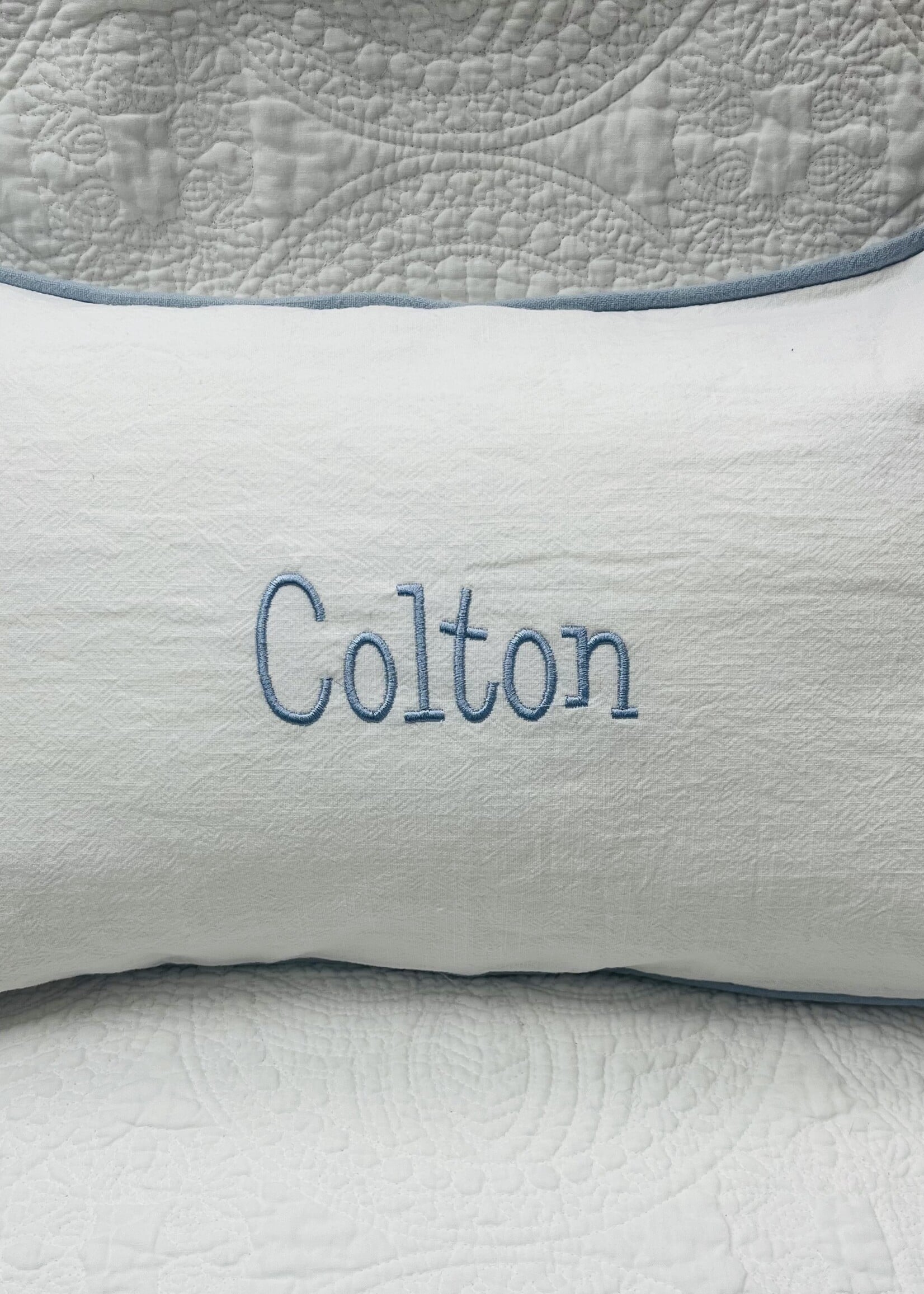 Levi and Lane Blanks Blue Piped Monogrammed Pillow