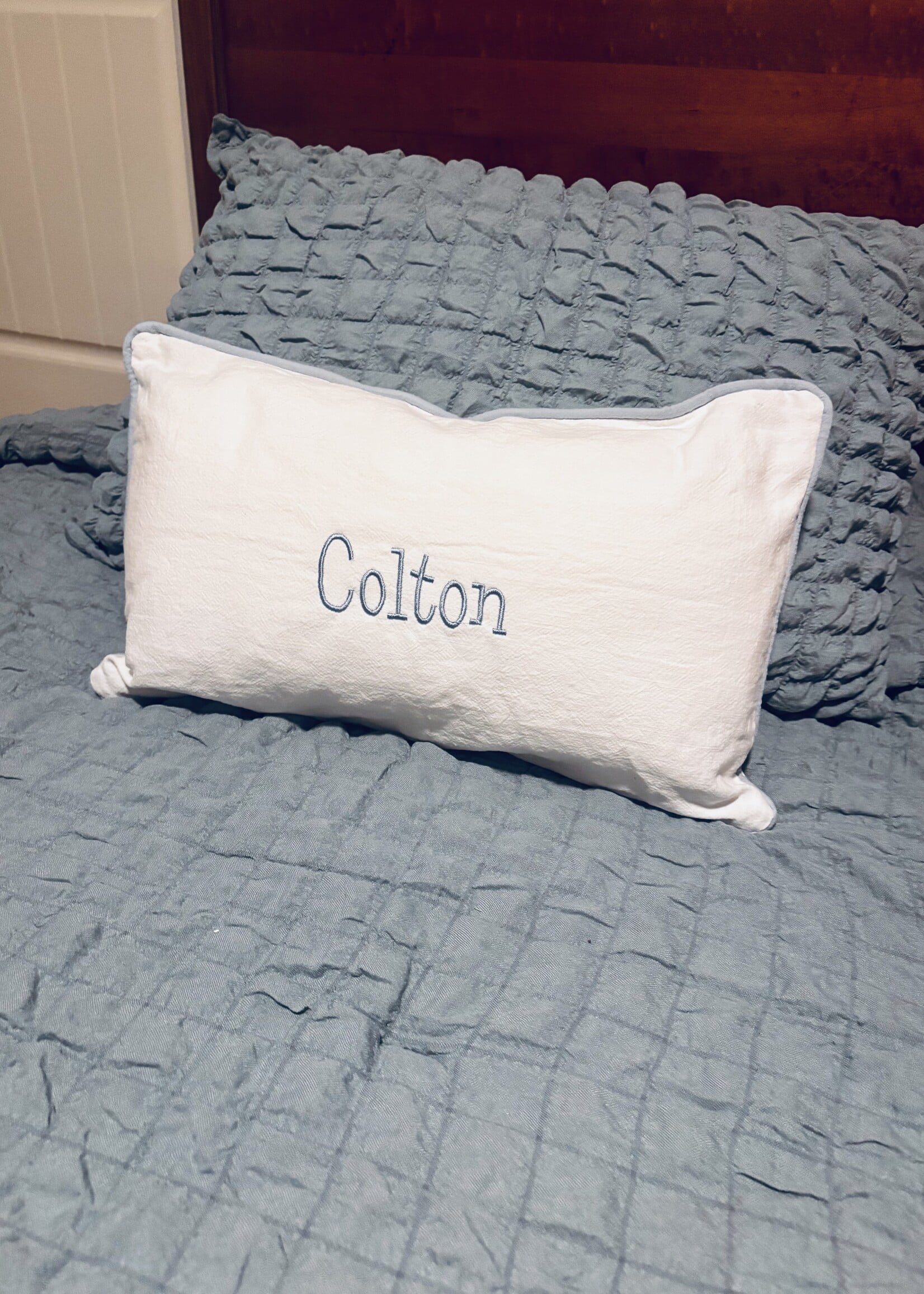 Levi and Lane Blanks Blue Piped Monogrammed Pillow