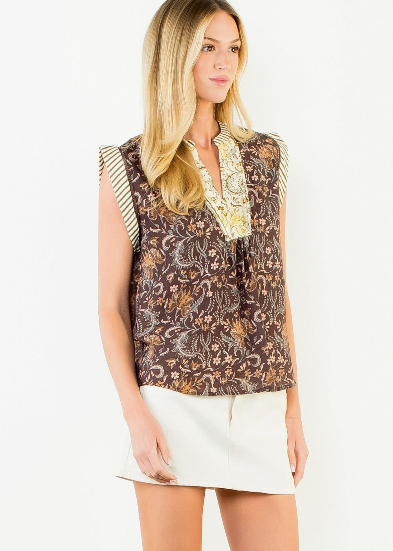 THML Sleeveless Flower Print w/Stripe Top
