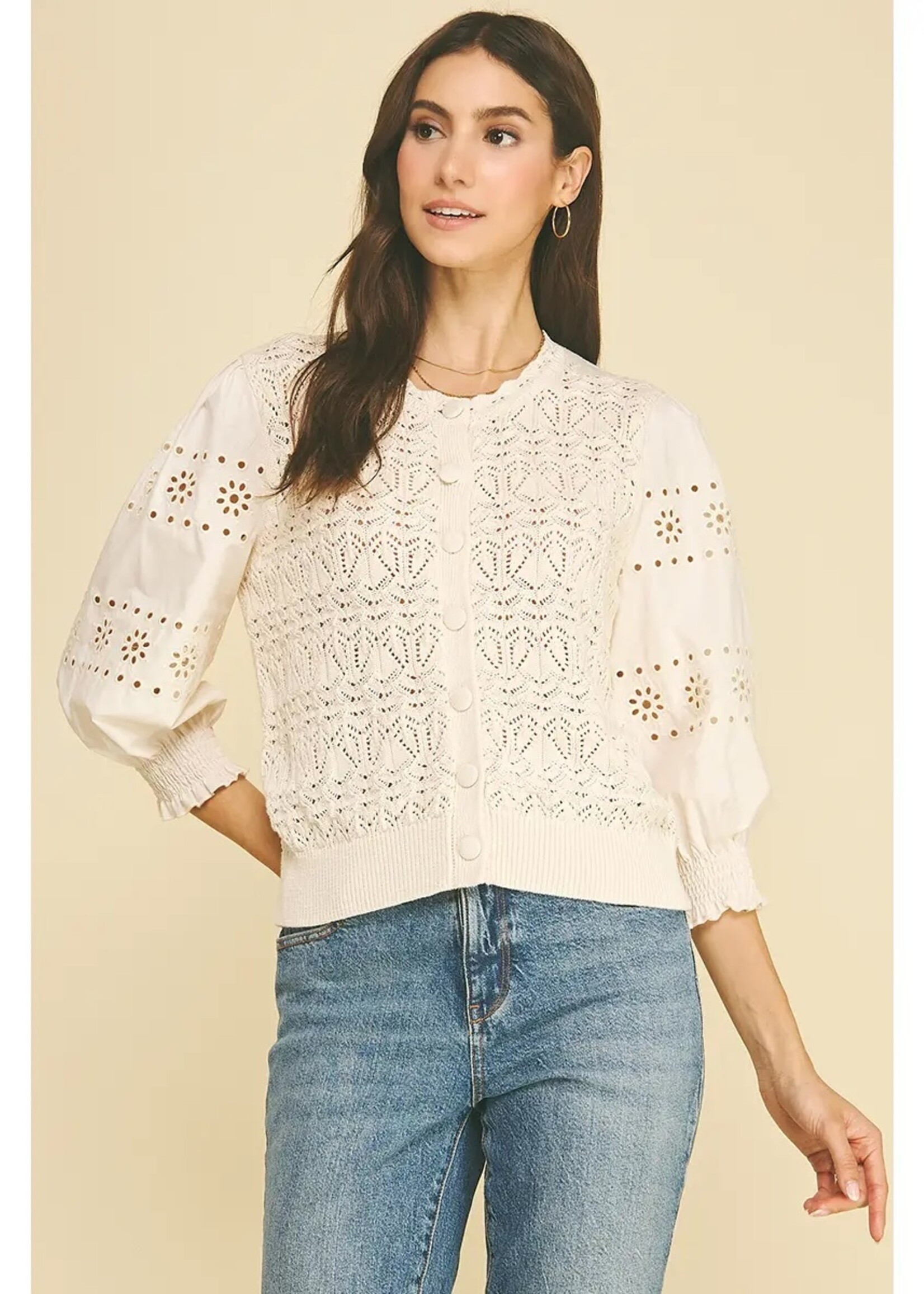 Pinch Eyelet Sleeve Knit Cardigan