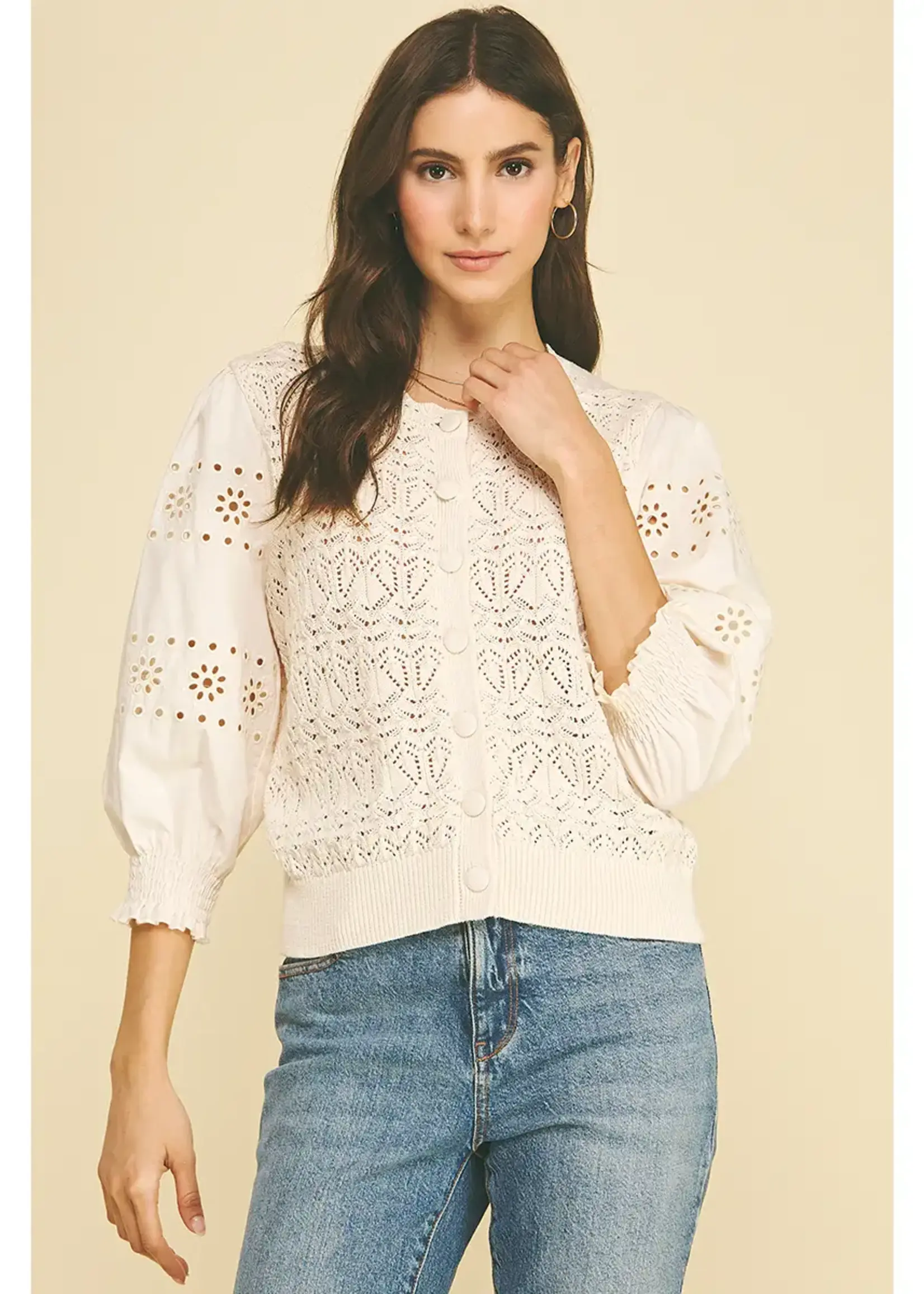 Pinch Eyelet Sleeve Knit Cardigan