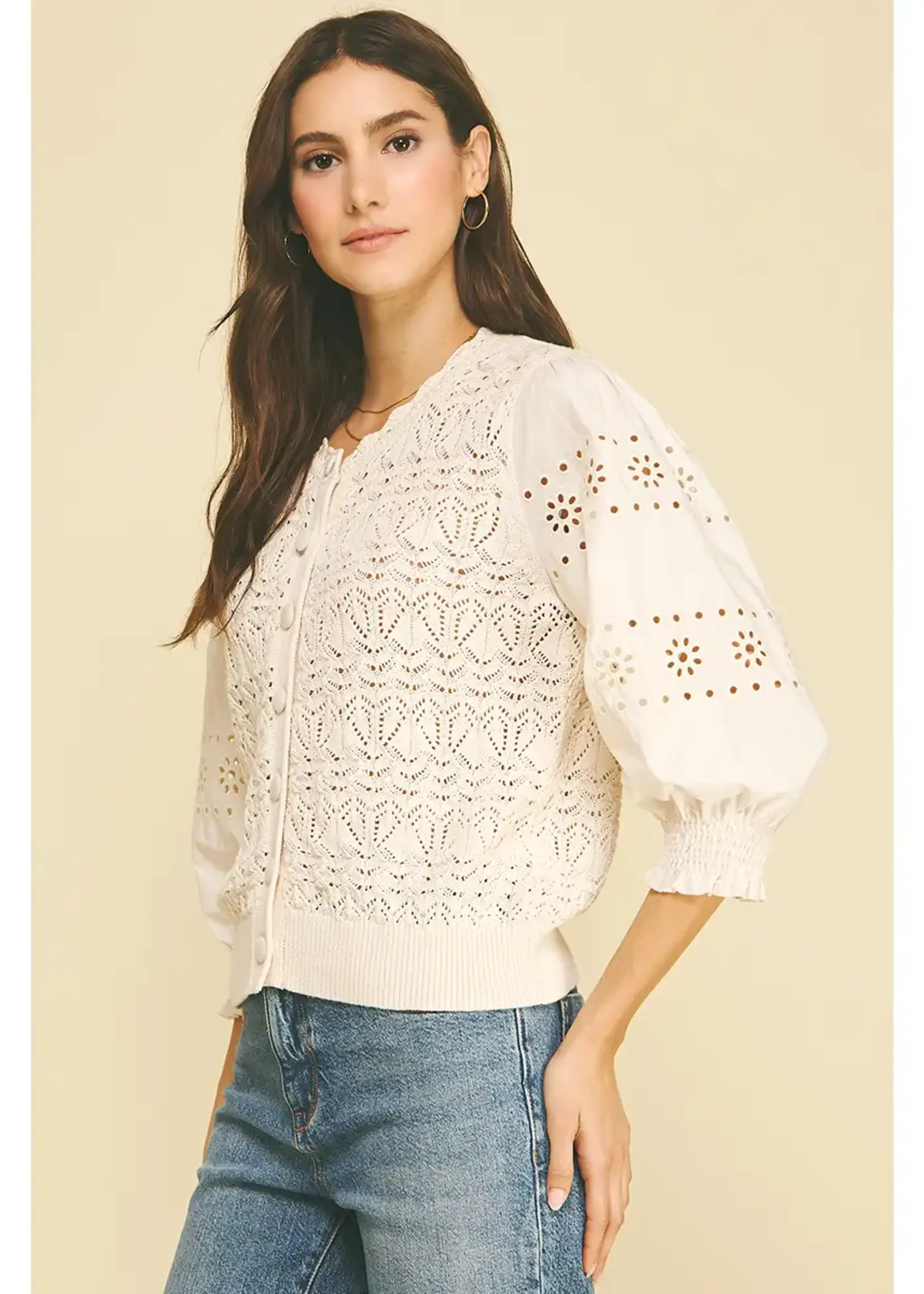 Pinch Eyelet Sleeve Knit Cardigan