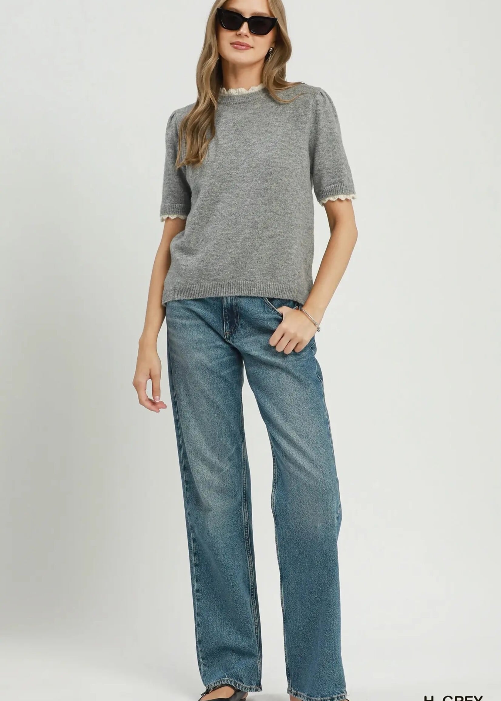 Umgee Scalloped Trim Puff Sleeve Knit Sweater Top