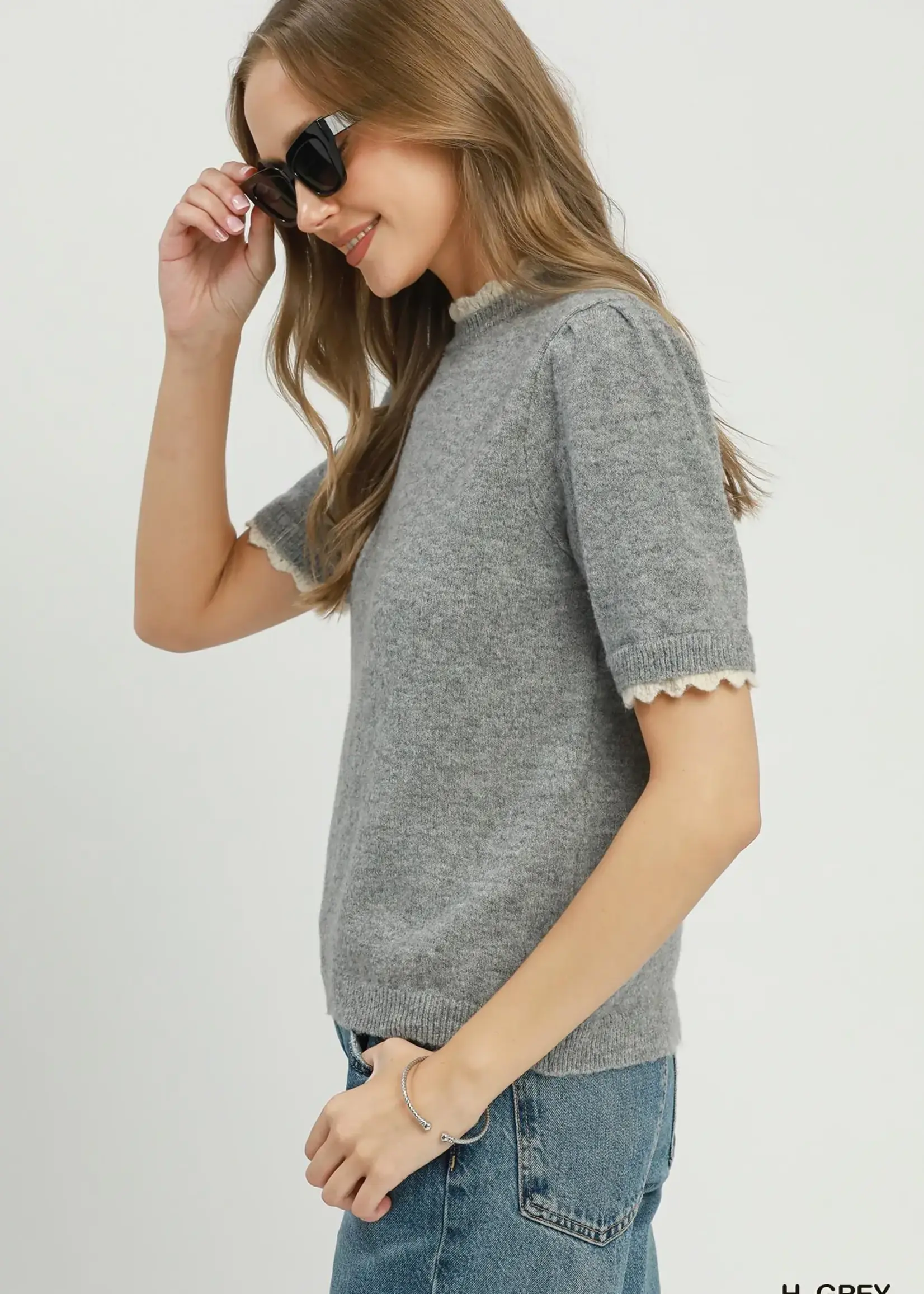Umgee Scalloped Trim Puff Sleeve Knit Sweater Top