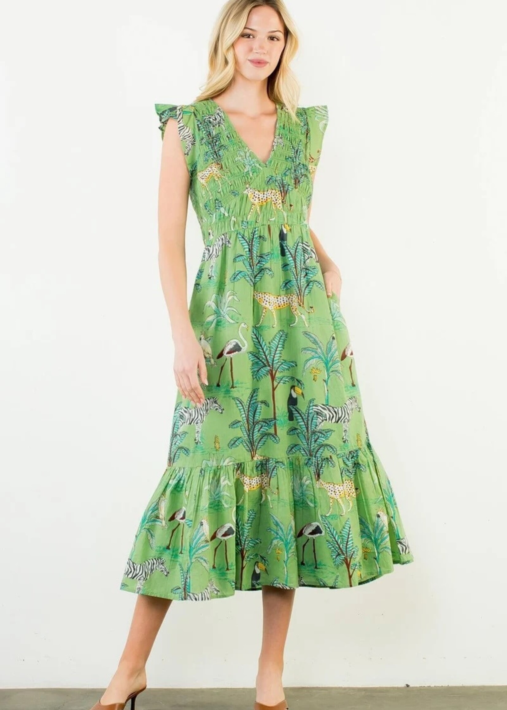 THML Flutter Sleeve Animal Print Maxi Dress