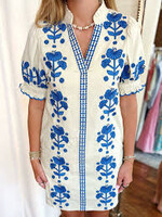 THML Floral Embroidery Detail Dress/ Blue