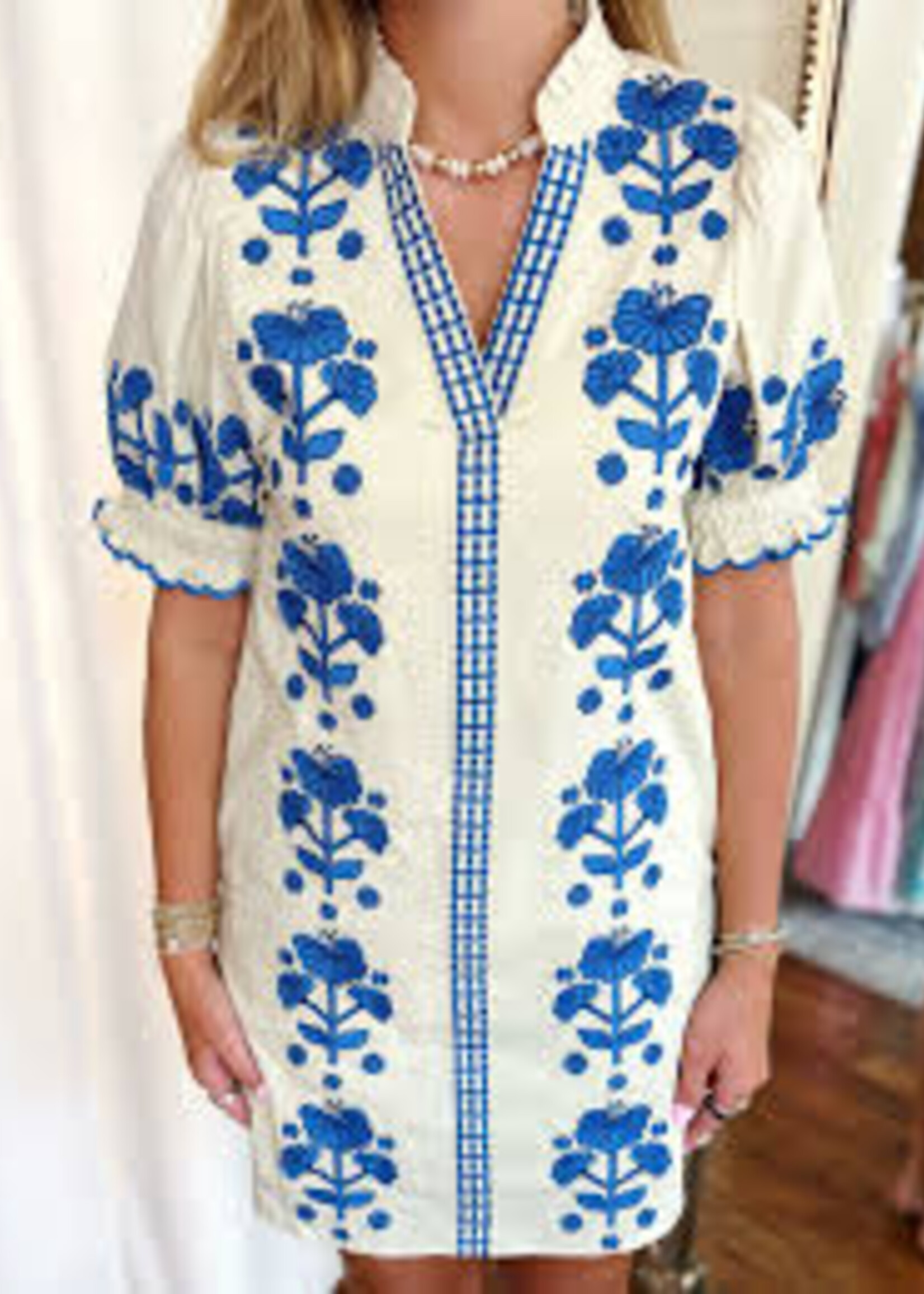 THML Floral Embroidery Detail Dress/ Blue
