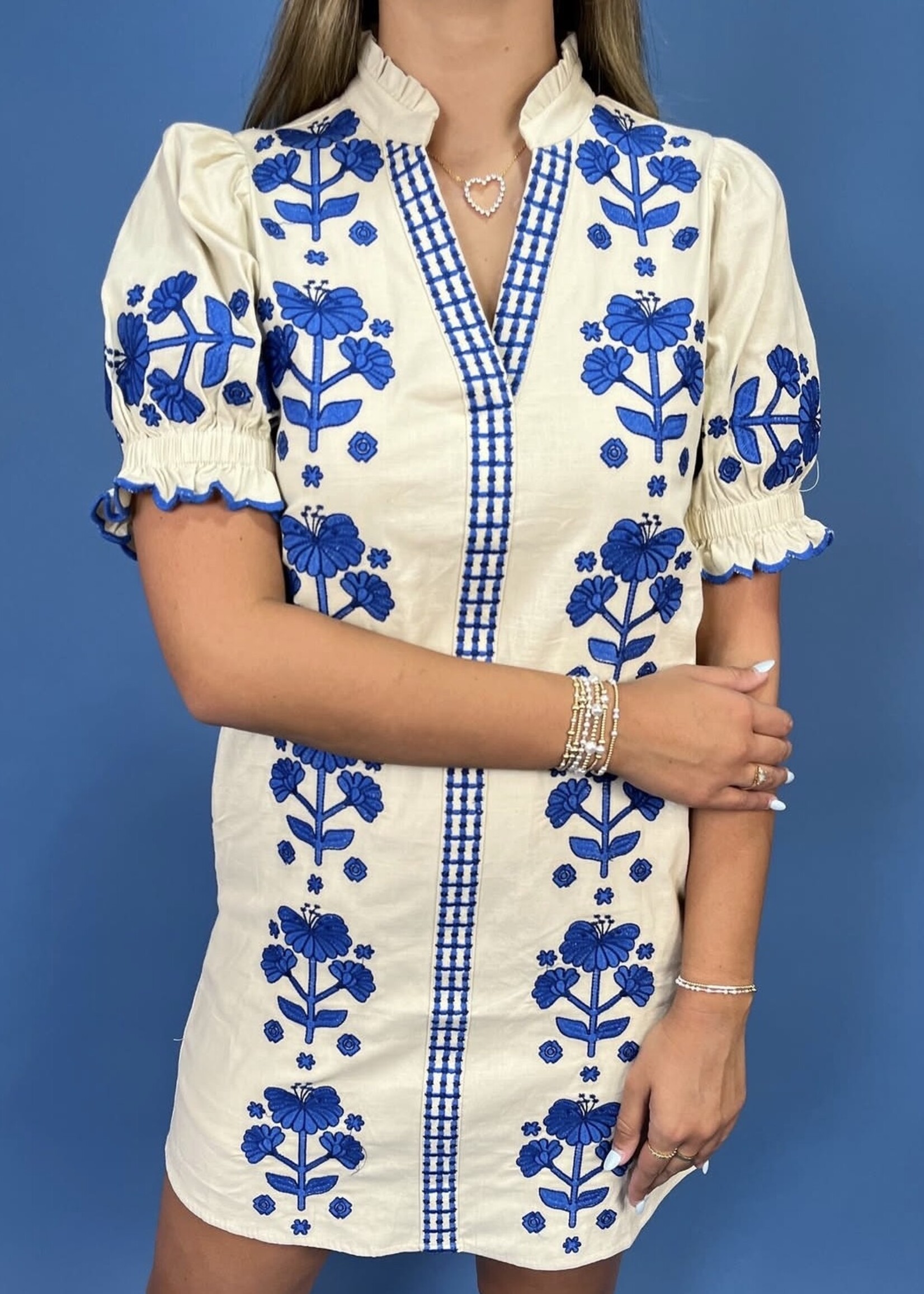 THML Floral Embroidery Detail Dress/ Blue